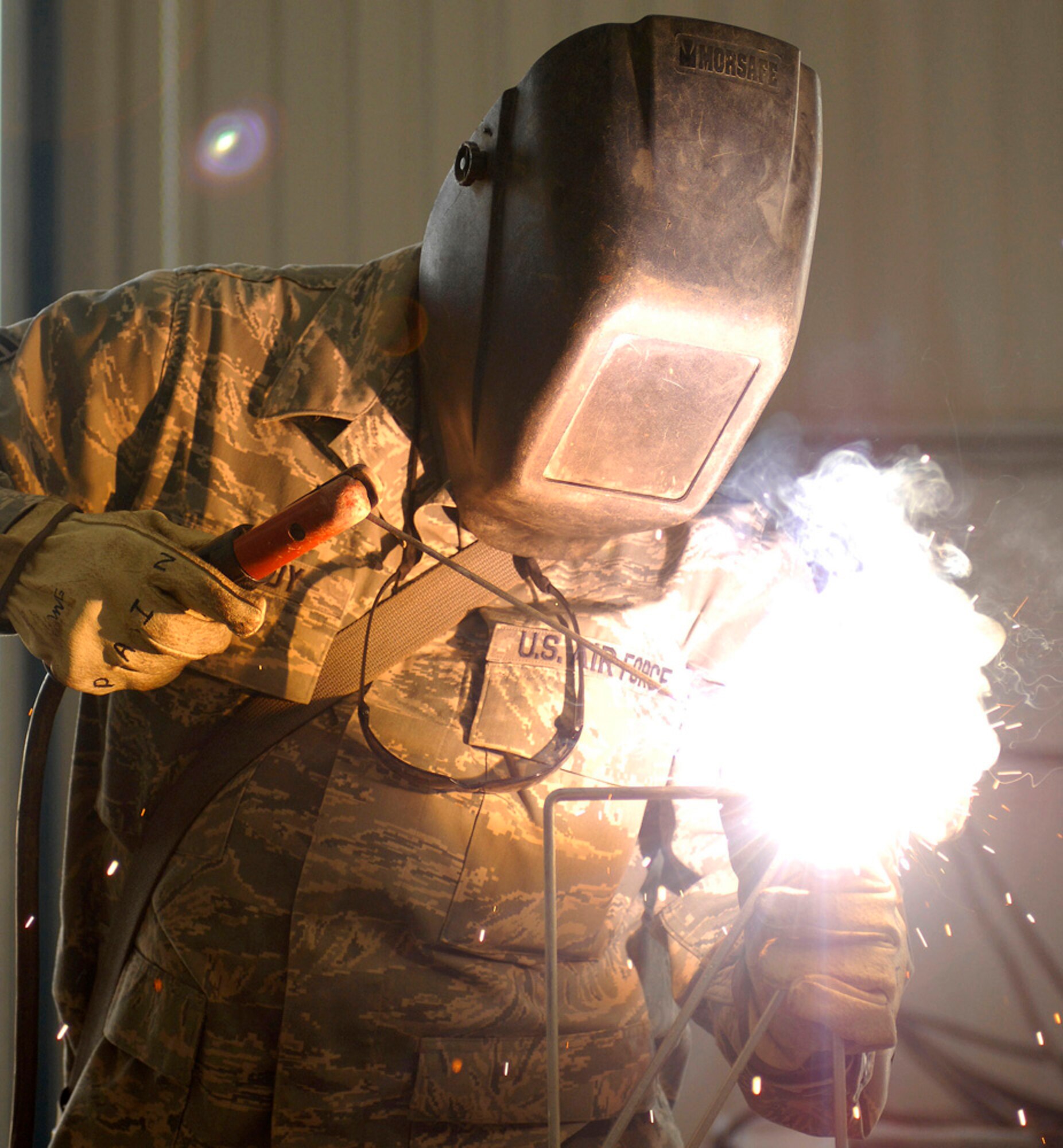 Master Sgt. Will Vangundy, 755th Expeditionary Civil Engineer Squadron, welds together steel frames for a construction project on Bagram Air Field Jan. 21. The master sergeant is deployed here from Wright Patterson's 455th Civil Engineer Squadron to help improve infrastructure at Bagram Air Field.