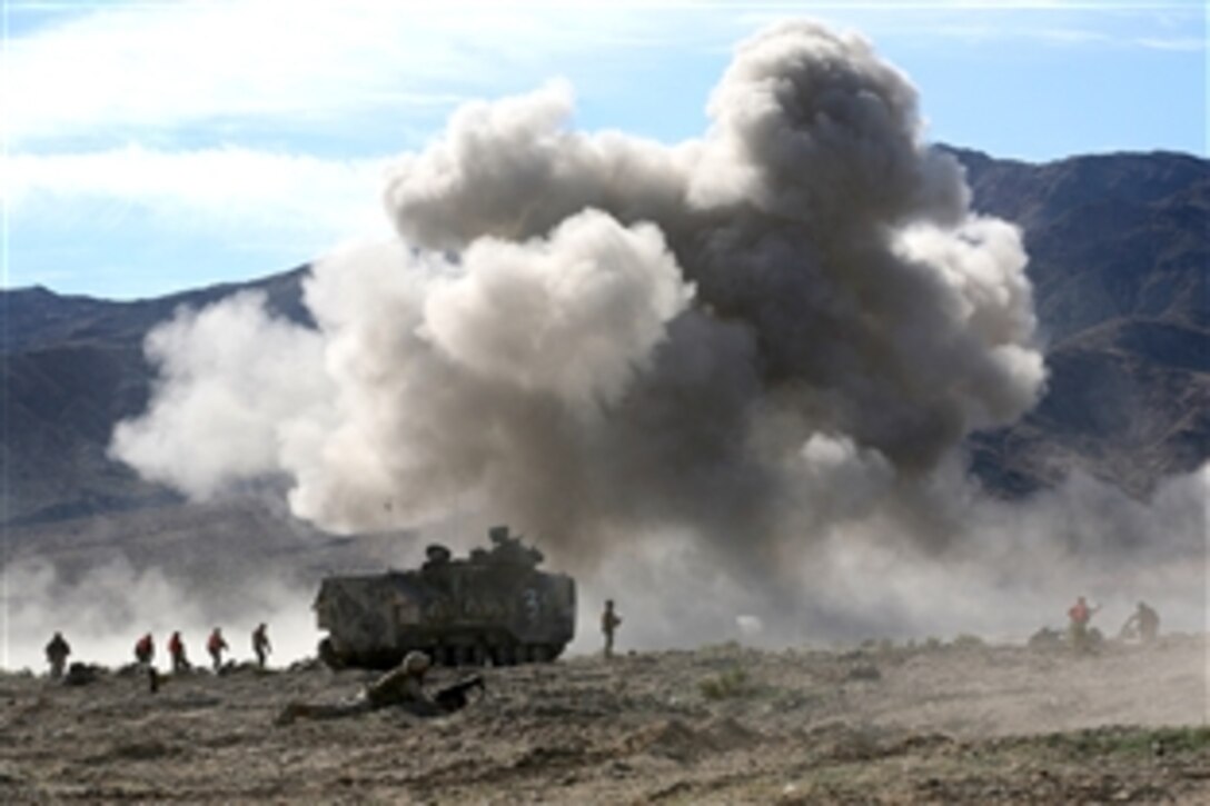U.S. Marines from 2nd Battalion, 8th Marine Regiment deploy an MK-154 Mine Clearing Line Charge system during assault training at Marine Corps Air Ground Combat Center, Twentynine Palms, Calif., Jan. 18, 2009.