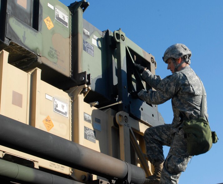 U.S. Army Spc. Micha Goodrich completes checks on a Patriot missile battery during an Army table 8 evaluation at Kunsan Air Base, Republic of Korea Jan. 28. Specialist Goodrich is a Patriot launching station crew member with Alpha 4th Batallion - 5th Air Defense Artillery. The Army air defense Soldiers and their Patriot missile batteries are key members of the Wolf Pack, vital to the mission of defending the base. (U.S. Air Force photo by: Senior Airman Dana Hill)