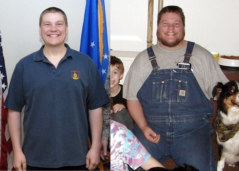 Derrick Bell shed more than 115 pounds to meet the Air Force Reserve physical standards of enlistment. Airman Bell, a 38-year-old, husband and father of two, enlisted in the Air Force Reserve Jan. 15 at Elmendorf Air Force Base, Alaska. (U.S. Air Force photo illustration) 