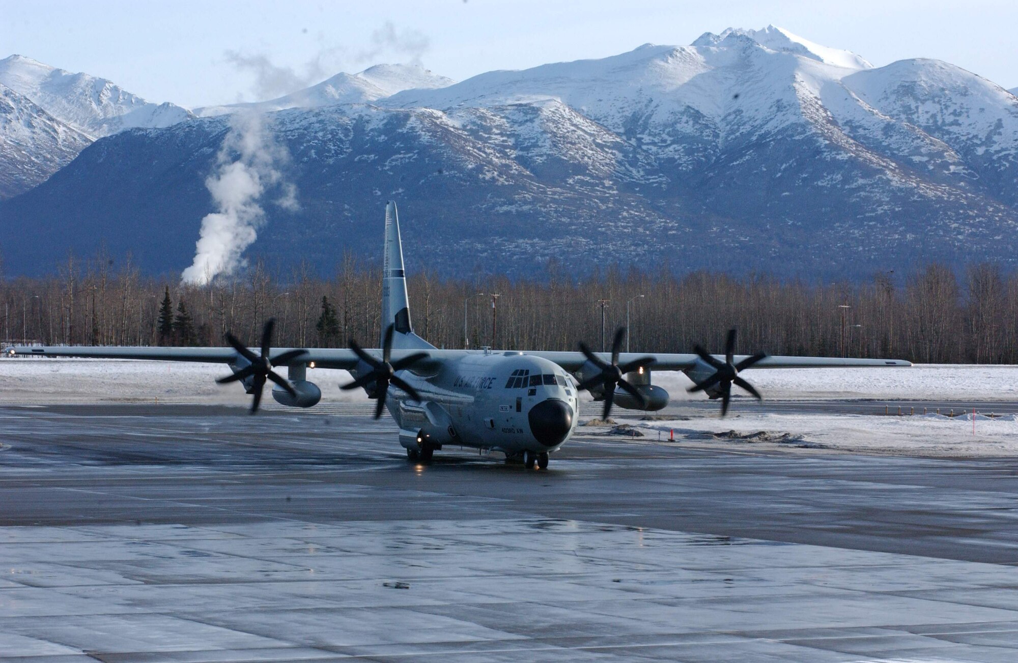 The WC-130J of the Air Force Reserve Hurricane Hunters of the 403rd Wing readies for take-off at Elmendorf Air Force Base, Alaska. The Citizen Airmen deployed for a month to collect weather data ahead of pending winter storms. The data they collect increases the accuracy of the National Weather Service forecast by 10 to 20 percent. (U.S. Air Force Photo by Tech. Sgt. James B. Pritchett)