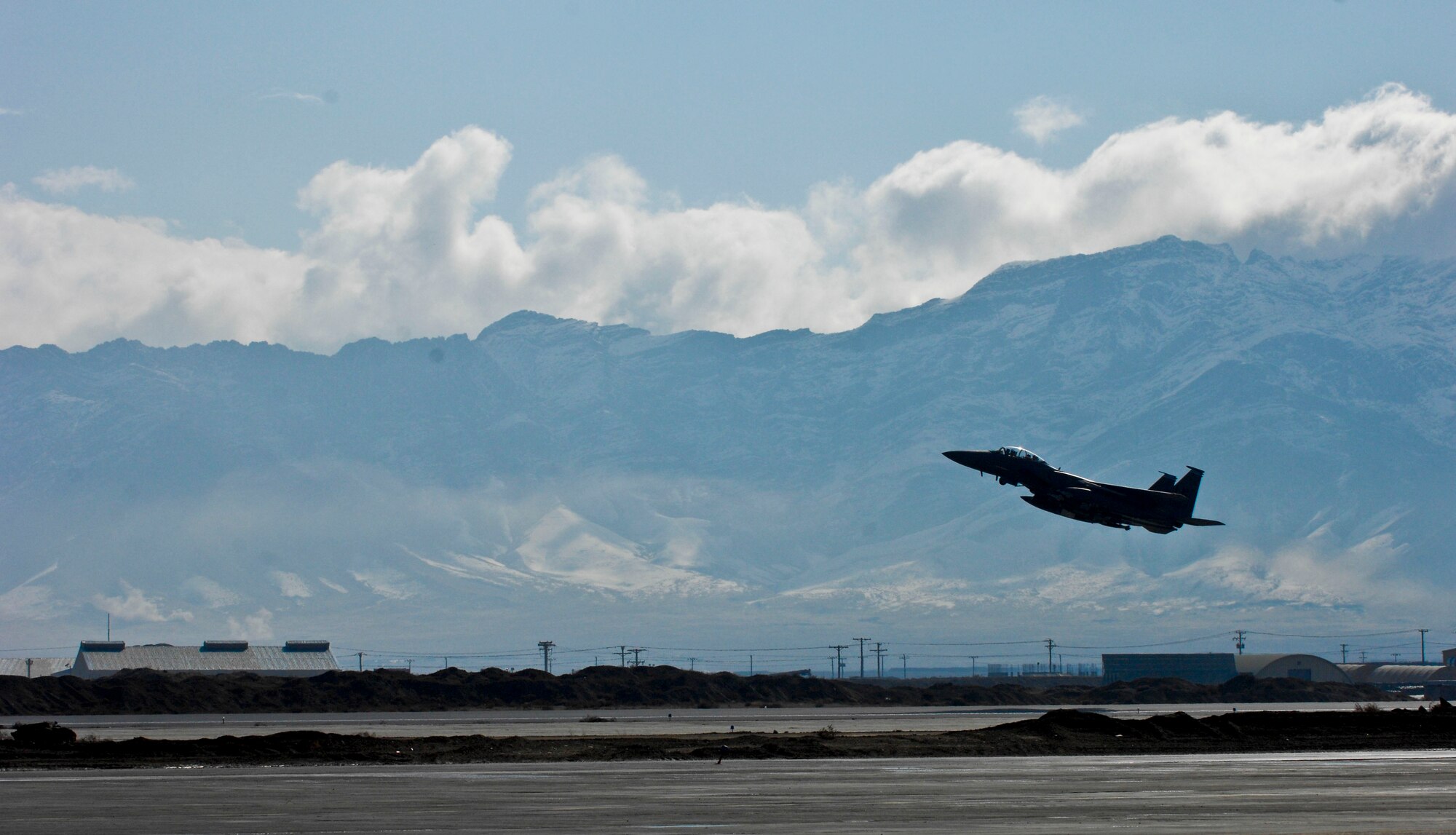 An F-15E Strike Eagle takes off from Bagram Air Field, Afghanistan, Jan 17. The aircraft, assigned to the 492nd Expeditionary Fighter Squadron, provides close air support for U.S. and coalition forces. (U.S. Air Force photo by Senior Airman Erik Cardenas)
