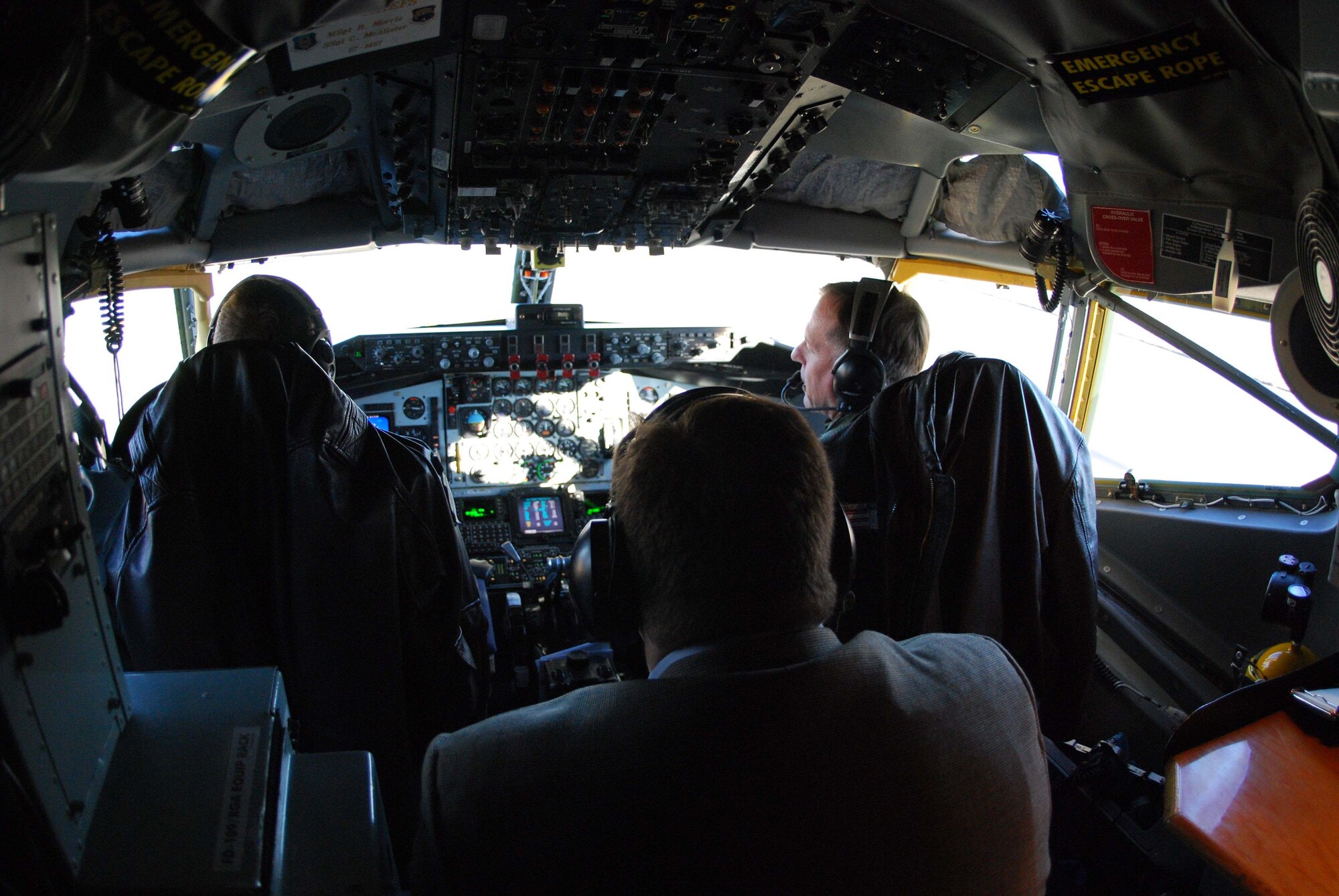 Employer Jason Salmon from the Science Applications International Corporation, watches from a "jump seat" looking on as pilots from the 756th Air Refueling Squadron prepare for takeoff during an Employer Support of the Guard and Reserve incentive flight Jan 23. Mr. Salmon was one of 21 employers sponsored by 113th Wing, District of Columbia Air National Guard members.
