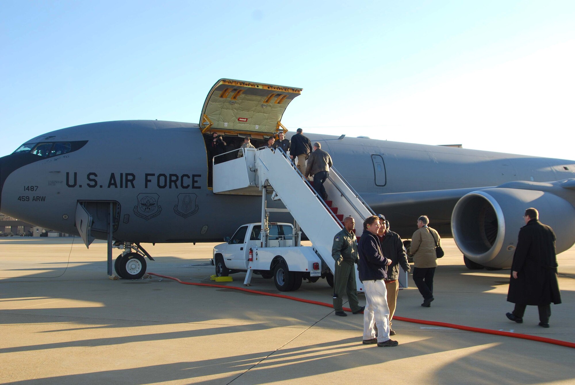 113th Wing servicemember-employers, climb aboard 459th Air Refueling Wing KC-135 stratotankers to view an air refueling of F-16 fighter jets Jan. 23. ESGR incentive flights are to help promote understanding and support between employers and their national guard and reserve member employees.