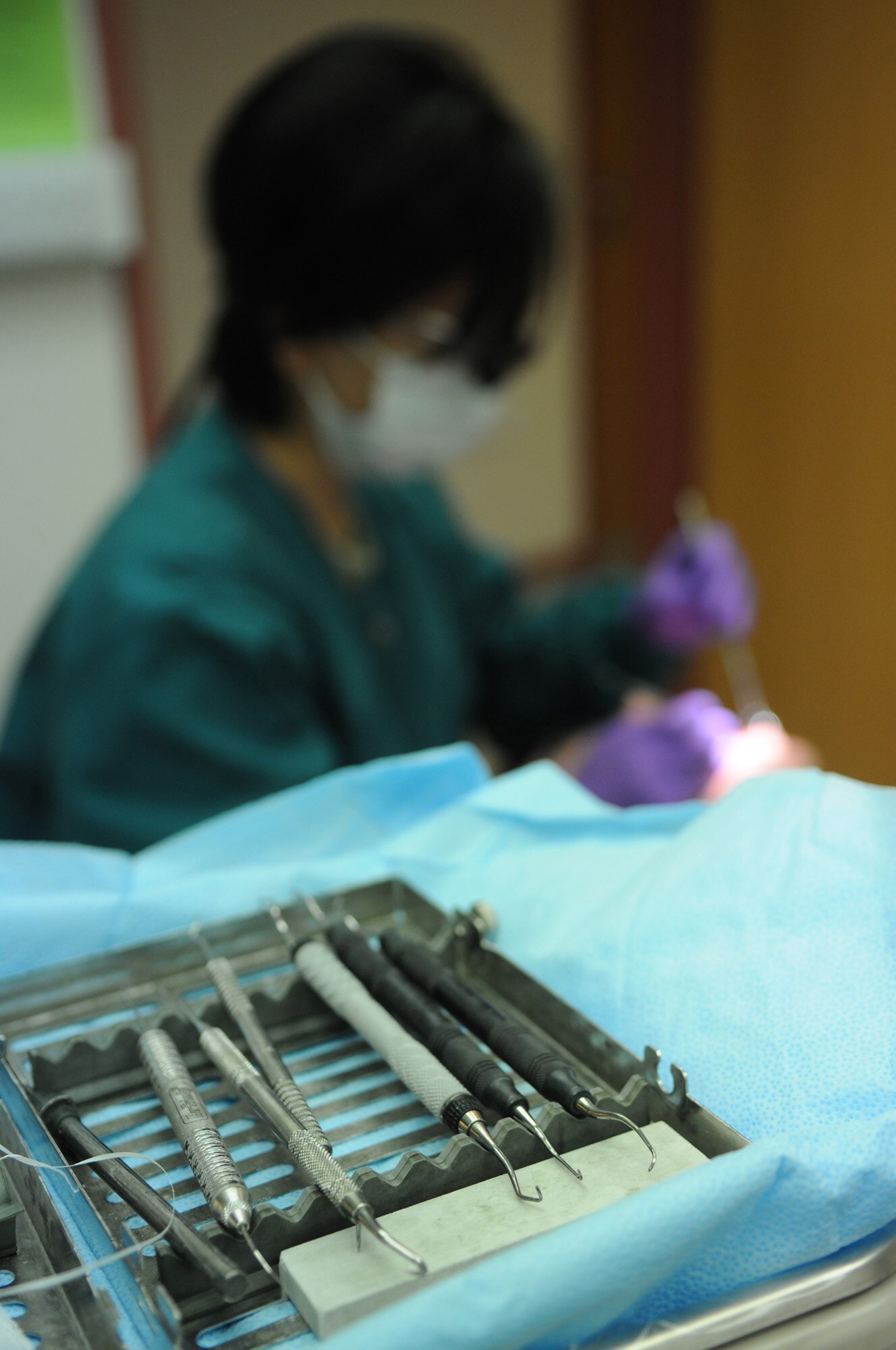 A wide variety of dental tools lays on a tray while Maj. (Dr.) Elizabeth Kutner from the 48th Dental Squadron, performs an oral examination in the background Jan. 15, 2009, at RAF Mildenhall, England. Each tool has its own specific purpose to ensure that a dentist can perform a thorough examination or cleaning. (U.S. Air Force photo by Staff Sgt. Jerry Fleshman)