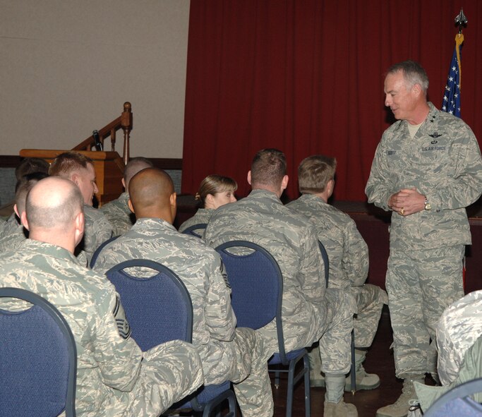 FAIRCHILD AIR FORCE BASE, Wash. – Major Gen. Winfield Scott, 18th Air Force commander asks senior non-commissioned officers of Fairchild “what’s on your mind?” During his visit General Scott set an hour aside to specifically speak with the Senior NCO’s at Club Fairchild in an informal atmosphere Jan. 29. (U.S. Air Force photo / Senior Airman Jocelyn A. Ford)
