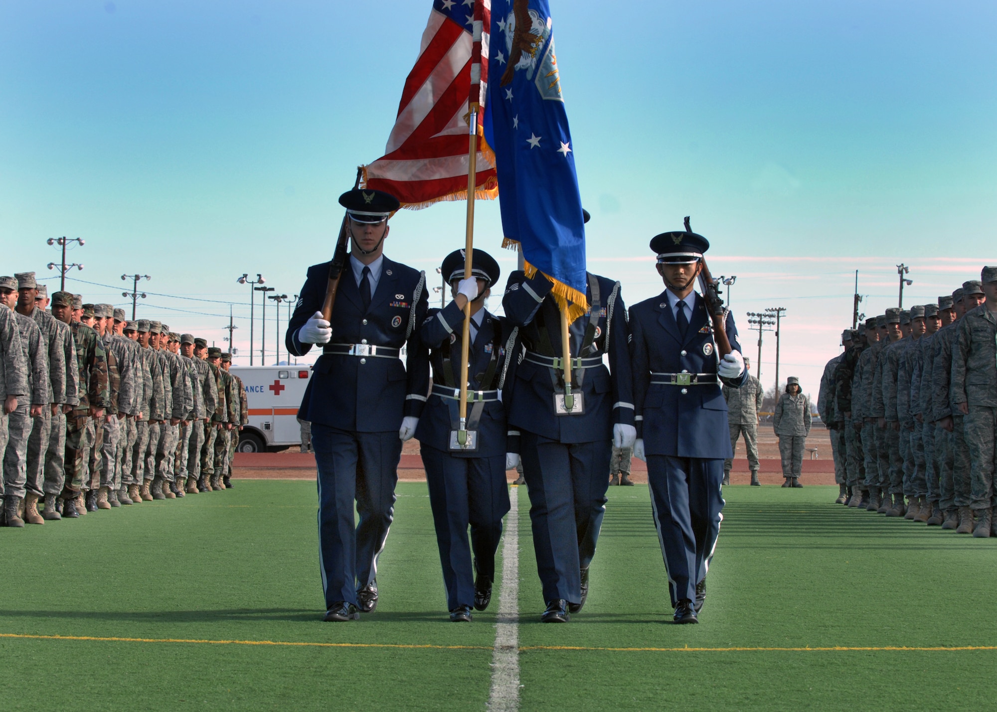 Steel Talons Honor Guard members post the colors at the beginning of the 49th Mission Support Group annual awards formation ceremony, Jan. 23, at Holloman Air Force Base, N.M.
(U.S. Air Force photo/ Senior Airman Anthony Nelson Jr)

