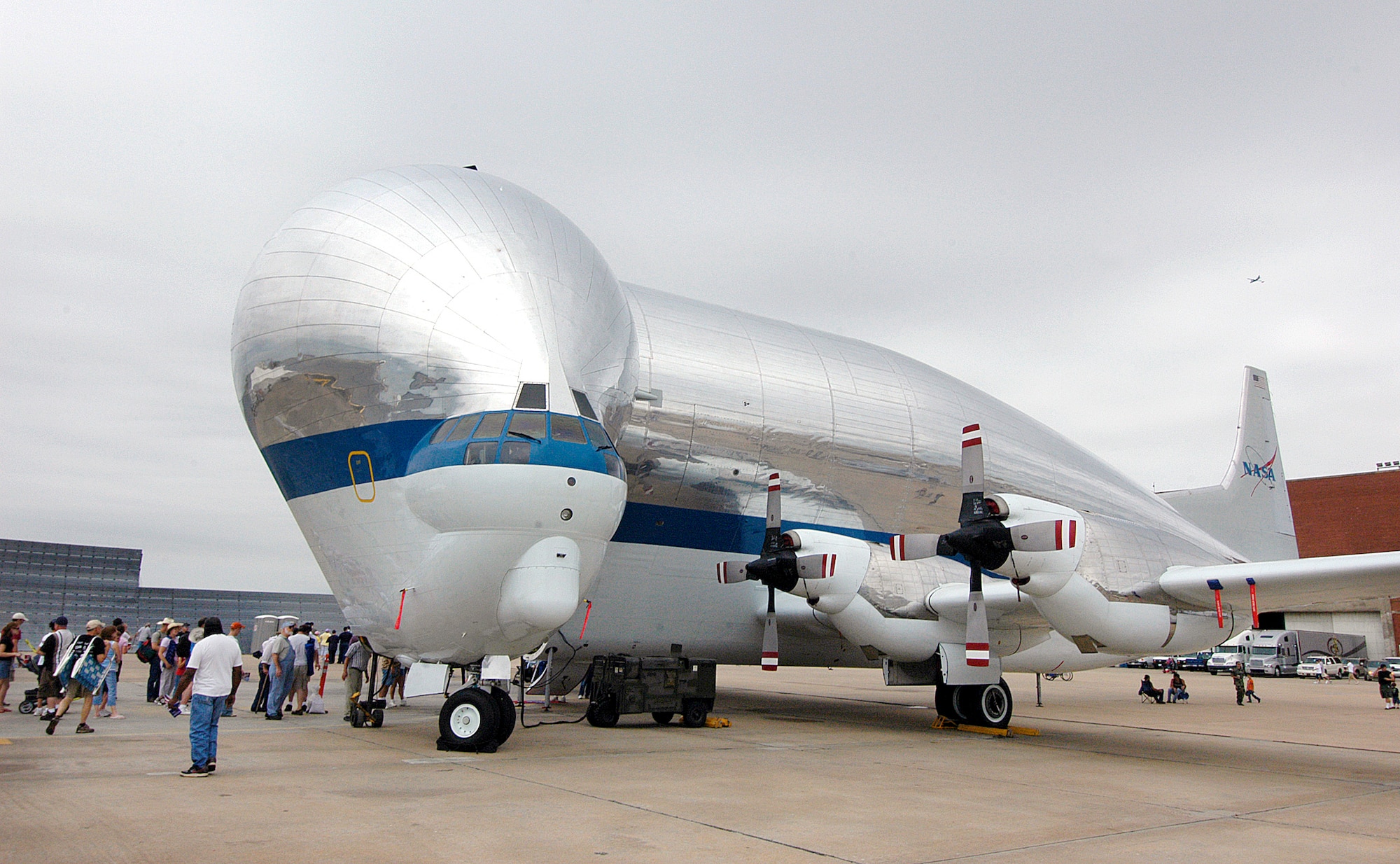 NASA’s Super Guppy aircraft is pictured here after a previous visit to the paint shop.The aircraft, which swings open behind the cockpit to allow for loading and transport of space-program parts, went through an extensive inspection and overhaul here. (Air Force photo/Margo Wright) 