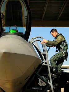 LANGLEY AIR FORCE BASE, Va. -- Maj. Paul "Max" Moga, F-22A Raptor Demonstration Team pilot, exits an F-22A Raptor after flying his final flight as the official demo team pilot Jan. 29. Hampton Roads Air Force Week begins April 18, and the 2009 F-22A Demonstration Team pilot is Maj. Dave "Zeke" Skalicky, who will perform here for AirPower over Hampton Roads April 24 to 26. (U.S. Air Force photo/Senior Airman Vernon Young)
