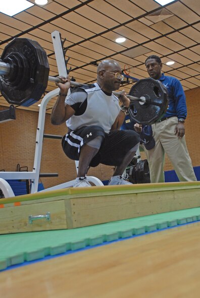 James Knuckles, the strongest man in the Luke Air Force Base power lifting competition middleweight division and Luke’s strongest man, squats holding 275 pounds during the competition Jan. 23. (U.S. Air Force photo/Airman 1st Class Tracie Forte)