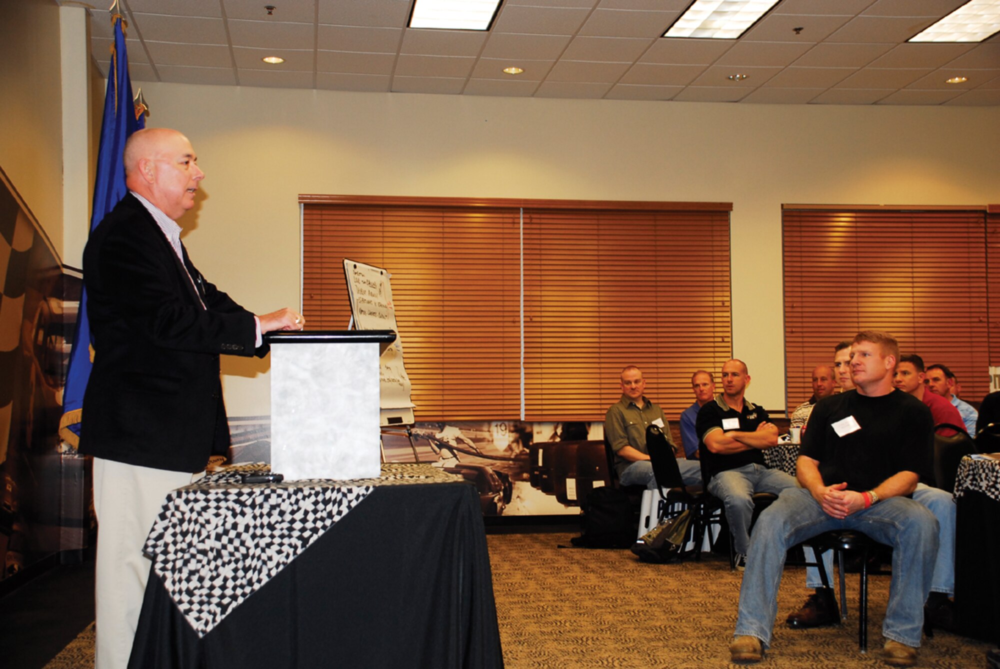 Retired Gen. T. Michael Moseley spoke during the leadership off-site held in the F1
Race Factory conference facility in Phoenix and attended by Luke commanders, wing
staff agency chiefs, group chief master sergeants and special staff. (U.S. Air Force photo/Capt. Gerardo Gonzalez)