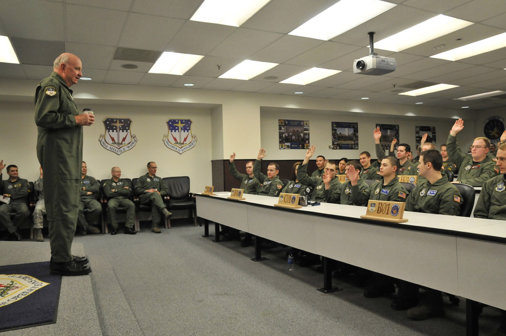 Maj. Gen. Thomas Deppe, Air Force Space Command vice commander, asks a question of Malmstrom operators during a pre-departure briefing here Jan. 24. (U.S. Air Force photo/John Turner)