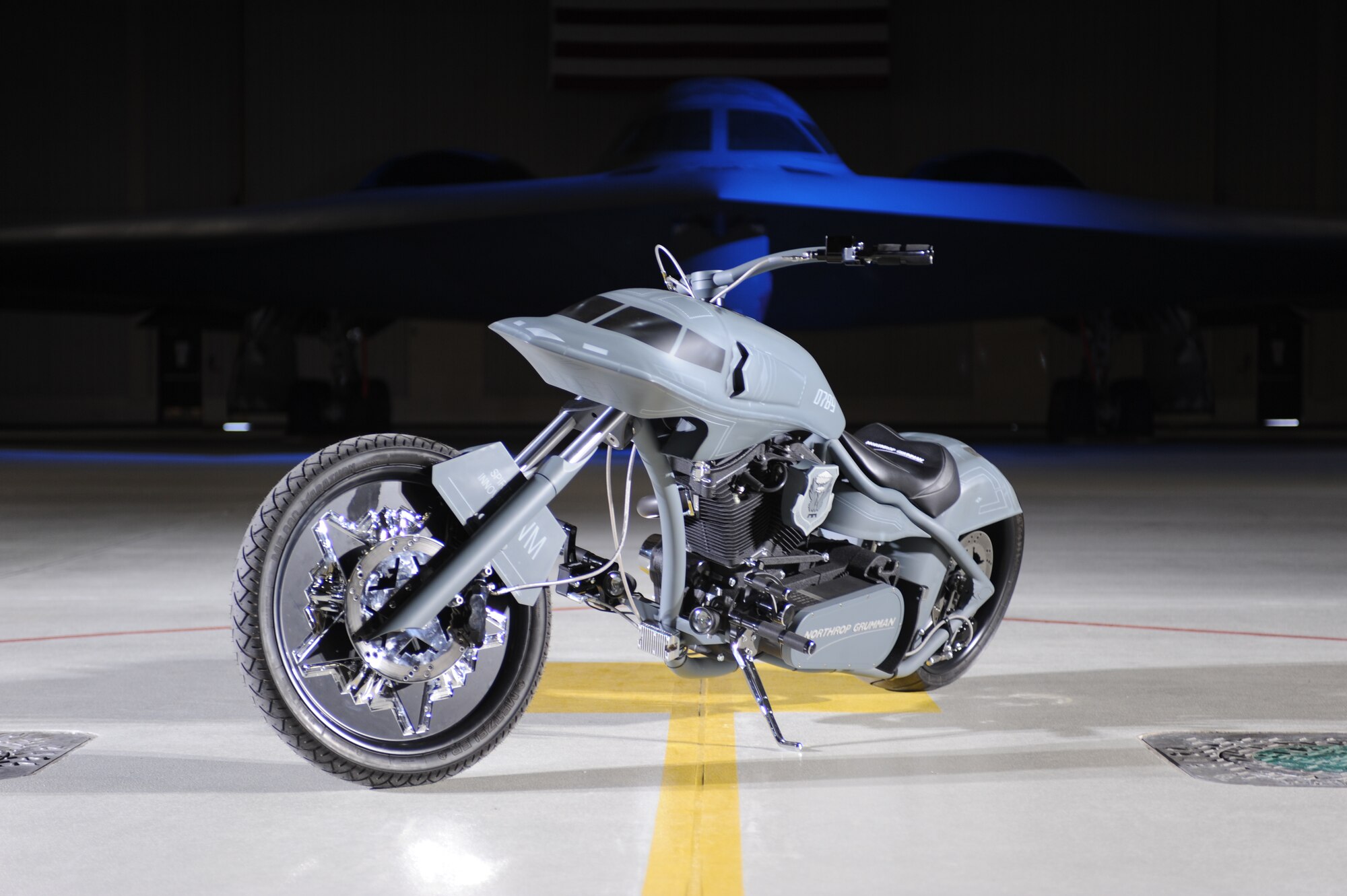 WHITEMAN AIR FORCE BASE, Mo. – In cooperation with the 509th Bomb Wing and Northrop Grumman, the crew of TLC’s American Chopper built and unveiled a B-2 theme motorcycle Dec. 4 to the members of Team Whiteman. The episode is scheduled to premiere on TLC later this year. (U.S. Air Force photo/Airman 1st Class Carlin Leslie)