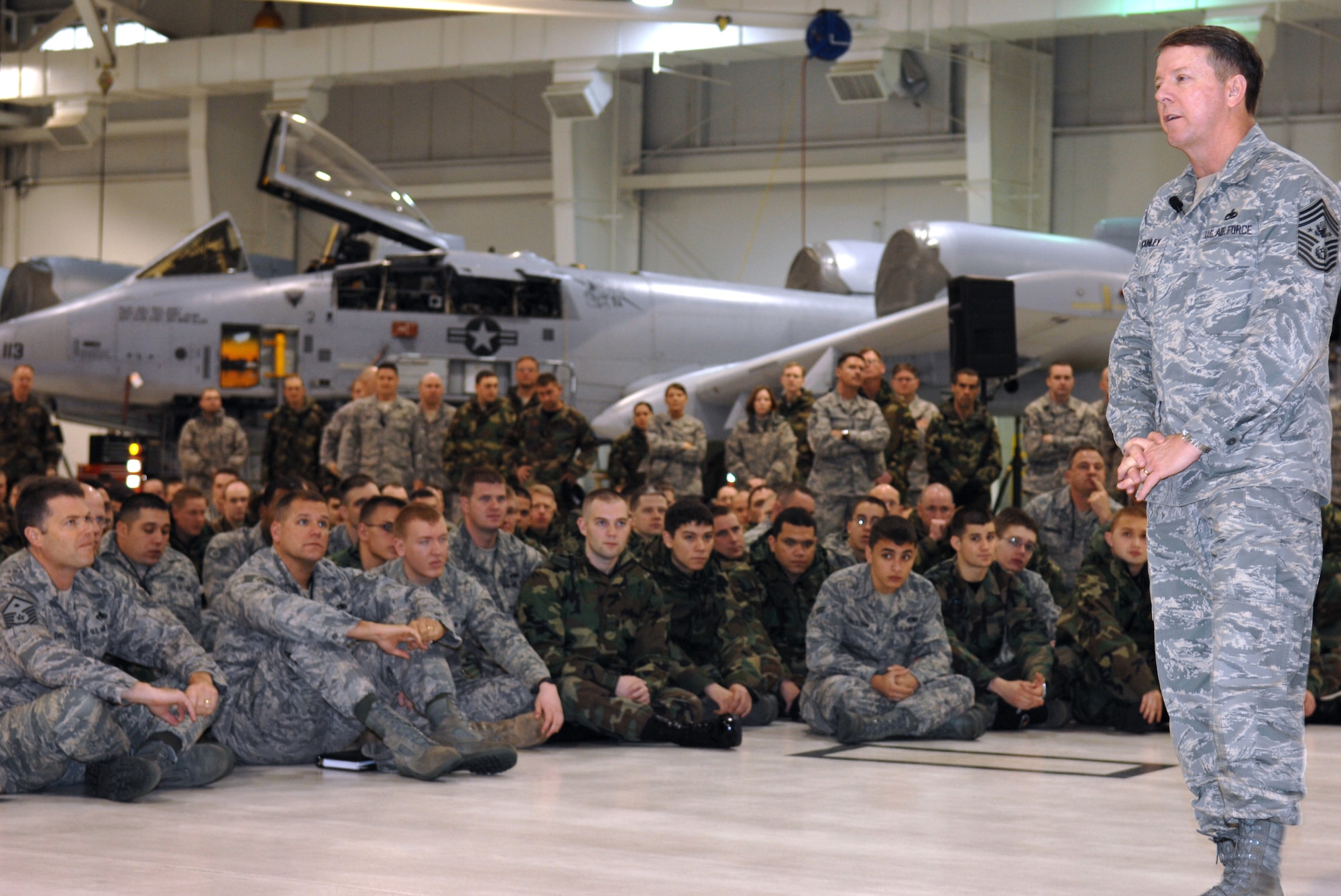 WHITEMAN AIR FORCE BASE, Mo. – Chief Master Sgt. Rodney J. McKinley. Chief Master Sergeant of the Air Force, speaks to Team Whiteman members at the 442nd Fighter Wing 5-bay hangar April 8. Chief McKinley represents the highest enlisted level of leadership, and as such, provides direction for the enlisted corps and represents their interests, as appropriate, to the American public, and to those in all levels of government. He serves as the personal adviser to the Chief of Staff and the Secretary of the Air Force on all issues regarding the welfare, readiness, morale, and proper utilization and progress of the enlisted force. Chief McKinley is the 15th chief master sergeant appointed to the highest noncommissioned officer position. (U.S. Air Force photo/Staff Sgt. Charles Larkin)
