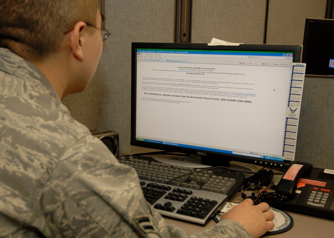 SCOTT AIR FORCE BASE, Ill.-- A Scott computer user attempts to log onto a site that has been blocked through the base network. Sites are blocked to allow mission essential network performance is degraded by Airmen accessing  “bandwidth-hogging” sites. (U.S. Air Force photo/Tech. Sgt. Michelle Larche) 