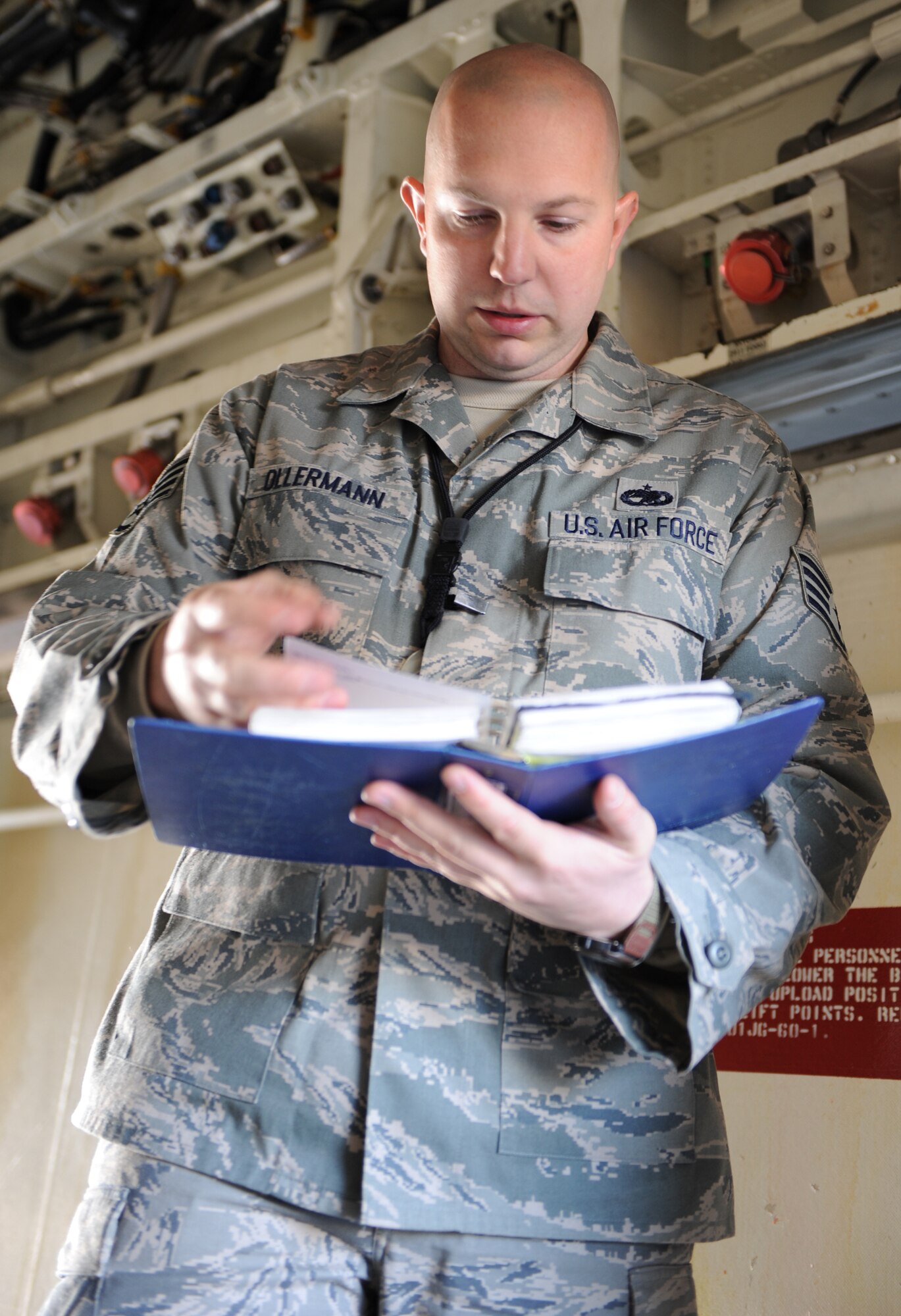 WHITEMAN AIR FORCE BASE, Mo. - Staff Sergeant Torrey Ollerman, 509 Bomb Wing Munitions Squadron the assisted dedicated crew chief, goes over the pre-flight inspection for the B-2 Stealth during the Giant Sword Two  competition  Jan 21. Sergeant Ollerman is being judged on the correct steps for a pre-flight inspection and his accuracy in performing the inspection.But some wondered who the best of the best was? And with that the SAC Weapons Loading Competition, also known as "Giant Sword" started in 1958 where it was first held at MacDill AFB, Fla. 
June 1, 1992, with the Berlin Wall down, the Warsaw Pact a memory and the Soviet Union nonexistent, SAC and its loading competition, Giant Sword took their place in the history books of the Cold War. 
As if coming back from the grave Giant Sword came to Whiteman, in the form of its successor Giant Sword II, with 8th Air Force inspection team showing up Jan. 21.  (U.S. Air Force Photo by Airman 1st Class Carlin Leslie) 
