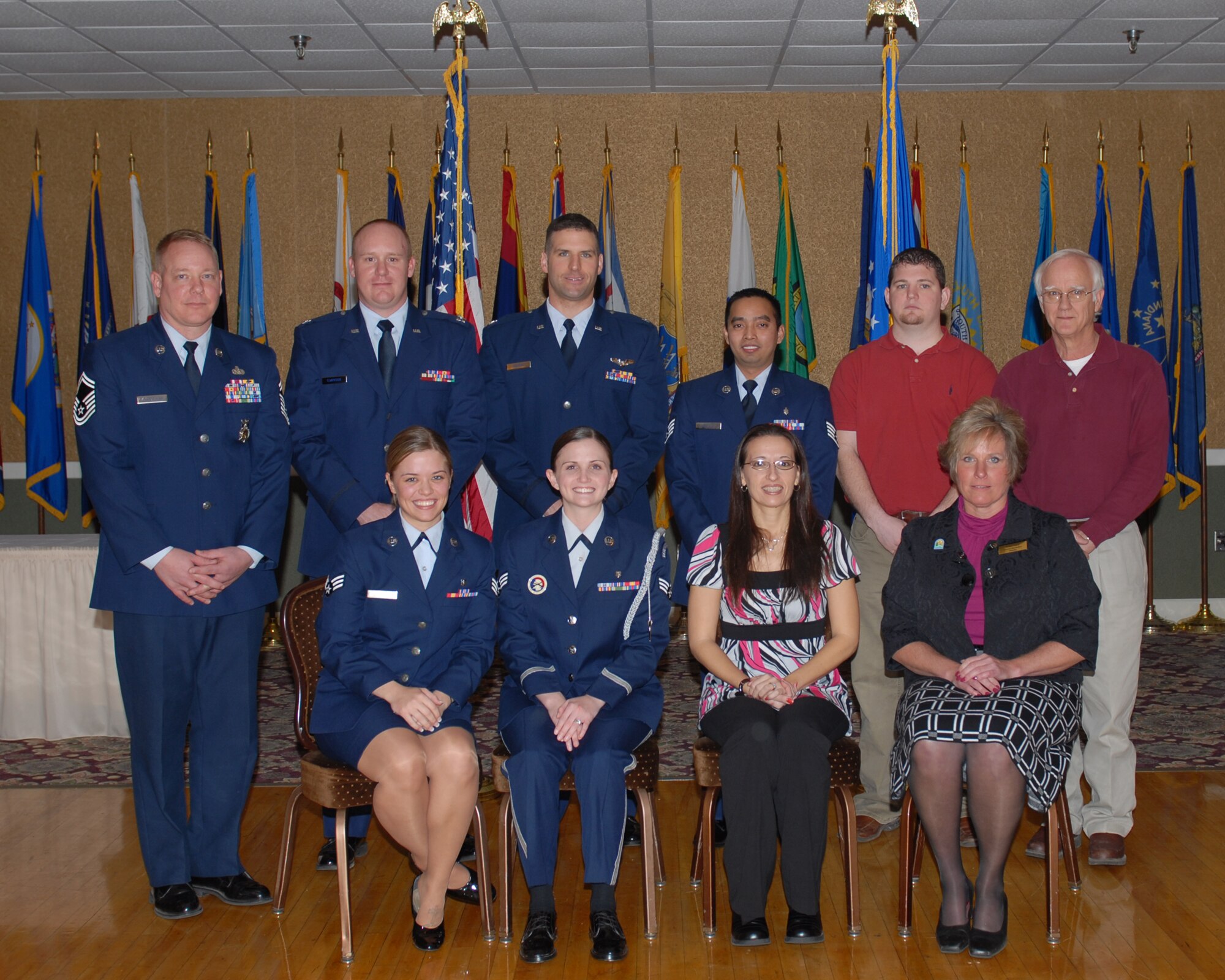 The 14th Flying Training Wing congratulates its Fourth Quarter Award Winners for 2008: Airman of the Quarter: Airman 1st Class Kristine Lessman, 14th Medical Operations Squadron; Honor Guardsman of the Quarter: Senior Airman Amanda Montgomery, 14th MDOS; Volunteer of the Quarter: Meredith Walker; Civilian of the Quarter, Category One: Dawn Pace, 14th Force Support Squadron. Second row: Senior Noncommissioned Officer of the Quarter: Senior Master Sgt. Russell Eidenschink, 14th Civil Engineer Squadron; Company Grade officer of the Quarter: Capt. William Clarkson,  14th MDOS; Instructor Pilot of the Quarter: Capt. Nicholas Graham, 49th Fighter Training Squadron; Noncommissioned Officer of the Quarter: Staff Sgt. Aldern Abraham, 14th MDOS; Civilian of the Quarter, Category Two 2: Neil Larmon, 14th Operations Support Squadron; and Civilian of the Quarter Category Three: Frank Lockhart, 14th CES. (U.S. Air Force photo by Melissa Duncan)