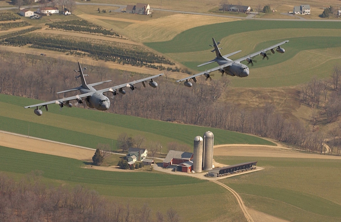 A new era is ushered in for the 193rd Special Operations Wing Pennsylvania Air National Guard March 28, 2006 as  EC-130E and EC-130J commando solo aircraft take to the skys over South Central Pa. for the first and last time together.  The E model, a Viet Nam era aircraft, makes way for the new J model whose engines are more efficient in allowing the aircraft to travel farther, faster and higher than before, a great capability for the broadcast mission of the 193rd SOW. (Released) (Air Force photo by SSgt Matt D. Schwartz)
