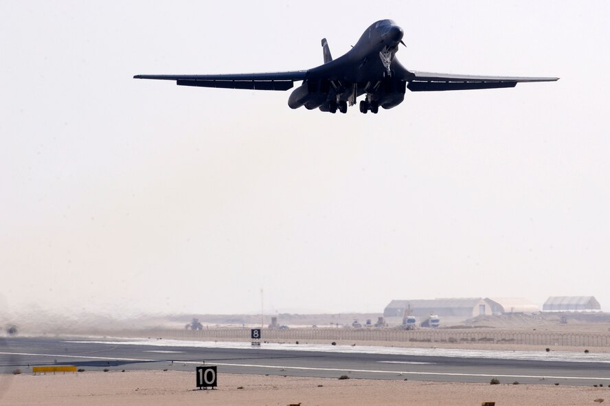 A B-1B Lancer assigned to the 7th Expeditionary Bomb Squadron takes off on a sortie, Jan. 26, 2009, at an undisclosed location in Southwest Asia.  The bomber is deployed from Dyess Air Force Base, Texas in support of Operation Iraqi and Enduring Freedom and Combined Joint Task Force - Horn of Africa. (U.S. Air Force Photo by Staff Sgt. Joshua Garcia/Released)