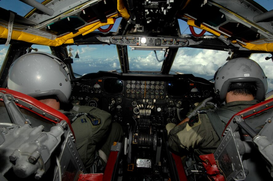 ANDERSEN AIR FORCE BASE: B-52 Stratofortess pilot Capt. Nathan Mott (left), and co-pilot 1st. Lt. Mathew Spinelli fly over the Farallon de Medinilla Target Range during exercise Tropical Fury. The exercise was developed to train aircrew on the use of conventional air launched crew missiles and joint air-to-surface standoff missile conventional weapon systems. Both pilots are deployed from Minot AFB, N.D. to Andersen AFB. Guam, with the 23rd Expeditionary Bomb Squadron.  (U.S. Air Force photo by Master Sgt. Kevin J. Gruenwald)