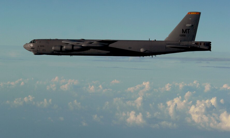 ANDERSEN AIR FORCE BASE, Guam -- A B-52 Stratofortress from Minot AFB, N.D. flies over the Pacific Ocean Jan. 22 during exercise Tropic Fury. The exercise was developed to train aircrew on the use of conventional air launched crew missiles and joint air-to-surface standoff missile conventional weapon systems. The B-52 is deployed to Andersen AFB, Guam, with the 23rd Expeditionary Bomb Squadron and is part of a continous bomber presence in the region. The bomber rotation to Andersen is aimed at enhancing regional security and demonstrating U.S. commitment to the Pacific region. The Air Force will continue to rotate bombers and fighters on a regular basis to ensure regional stability.  (U.S. Air Force photo by Master Sgt. Kevin J. Gruenwald released)





















  












 











































  












 

























