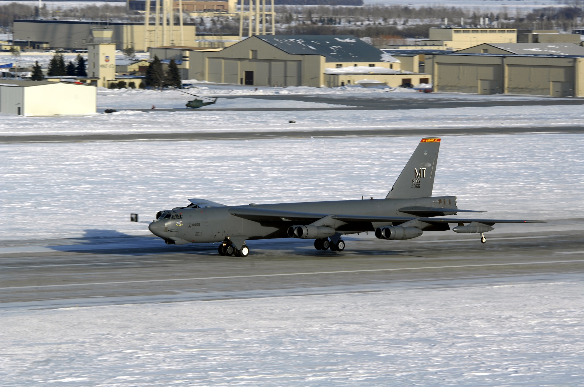 MINOT AIR FORCE BASE, N.D. — Members of the Minot Air Force Base, Bomber Strategic Aircraft Regeneration Team, participate in an aircraft recovery exercise here Jan.  28. The BSART exercise involved taking over 250 personnel and necessary equipment to an alternative location to recover, service, set up and regenerate an aircraft, giving the President follow on deterrence capabilities. (U.S. Air Force photo by Airman 1st Class Jesse Lopez)