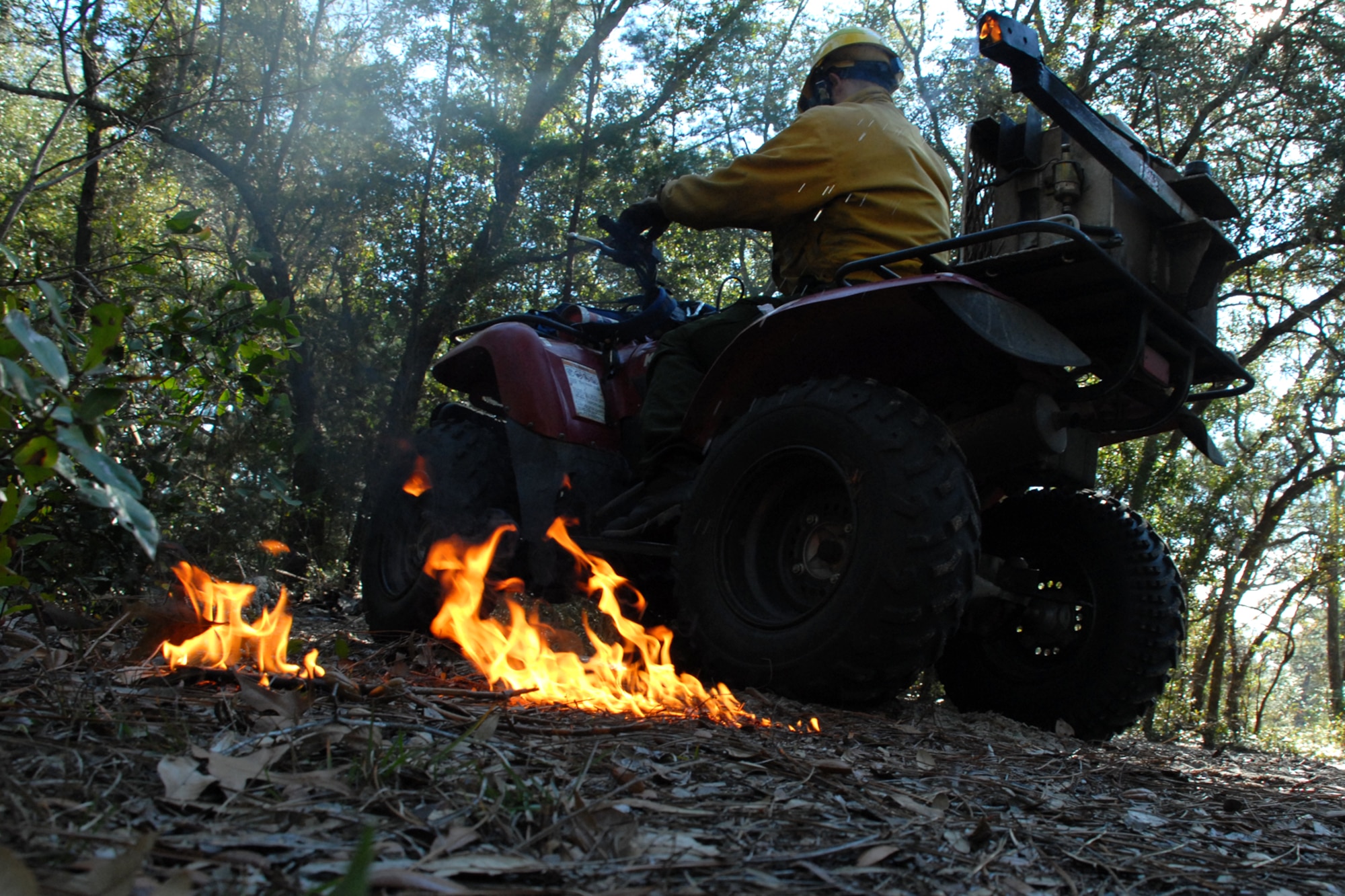 EGLIN AIR FORCE BASE, Fla. -- Tom Murrie, a Jackson Guard forestry technician and wildland fire specialist, uses a mixture of fuels in a drip line to spark a prescribed fire from an all terrain vehicle at White Point, an 85-acre recreation area on the Choctawhatchee Bay Jan. 29. Many native plants and animal species depend on Eglin's fire-dependent long-leaf pine ecosystem, 11 of which are federally protected. Endangered species such as the red-cockaded woodpecker, depend on fire that is typically caused by either lightning strikes or Eglin's resident fire managers to survive. As of the 2008 control burn season, Jackson Guard's five-year average is 73,000 acres burned annually. (U.S. Air Force Photo by Staff Sgt. Mike Meares)