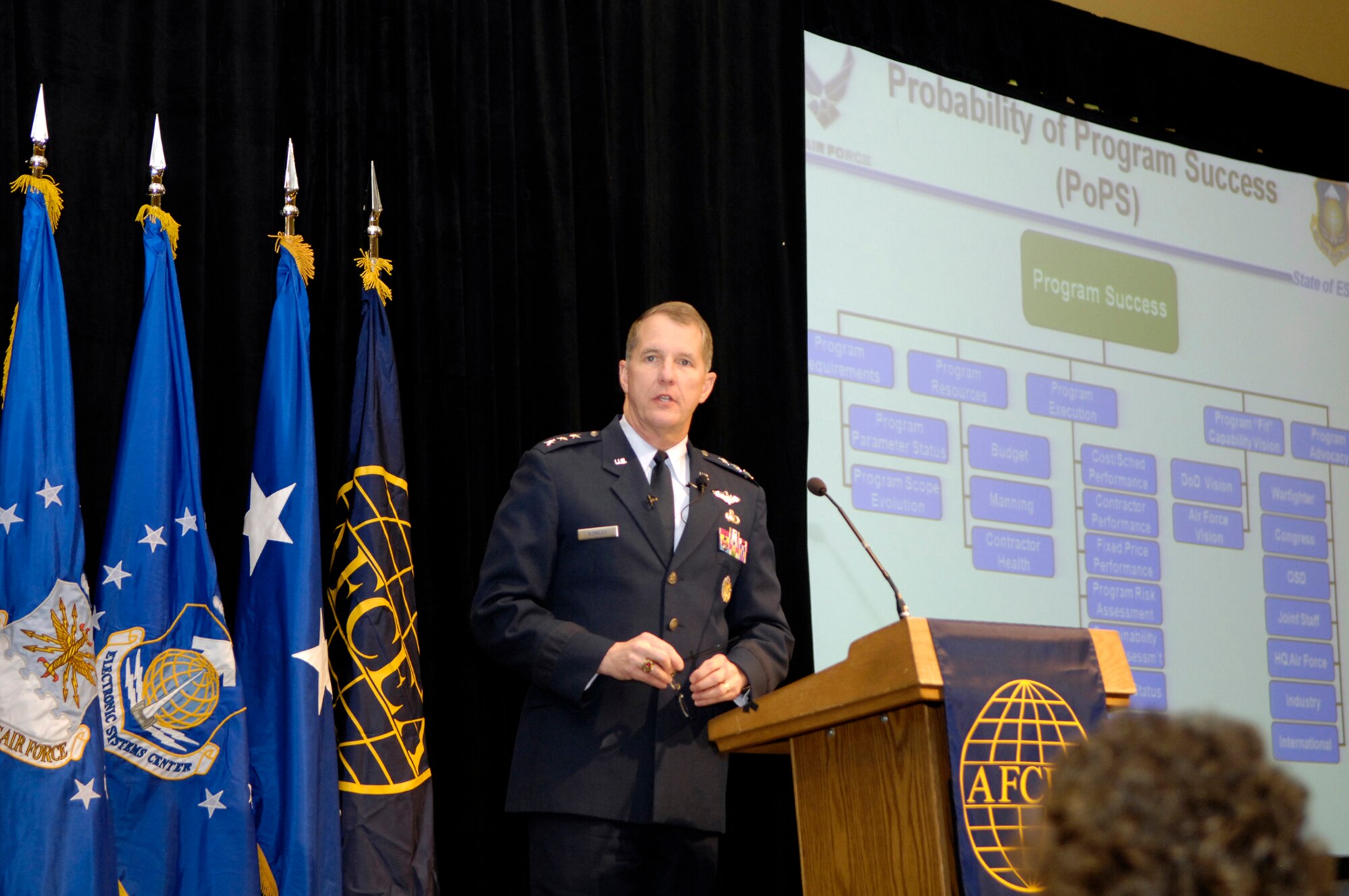 Electronic Systems Center Commander Lt. Gen. Ted Bowlds presents his annual State of ESC Address at the Marriot Hotel in Newton, Mass., Jan. 28. The general spoke about the center’s mission, vision and priorities and also graded ESC on how well it had responded to the challenges he presented in last year’s State of ESC speech.  (Photo by Rick Berry)
