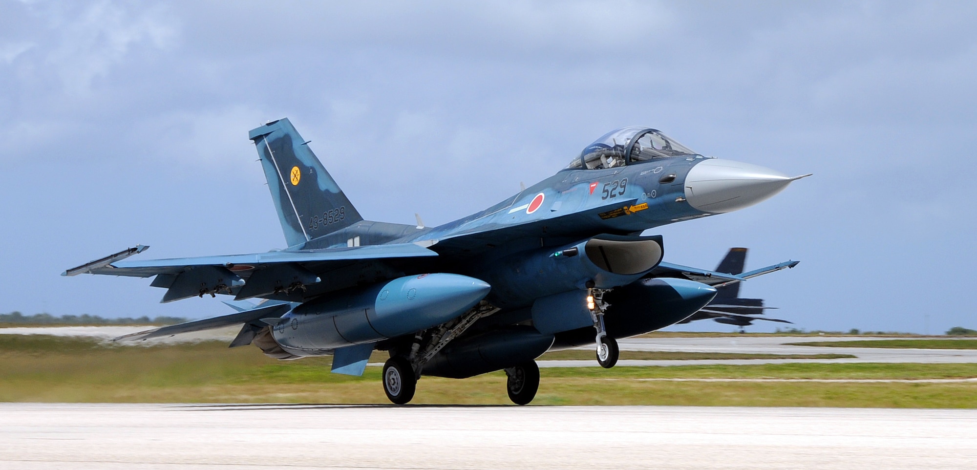 ANDERSEN AIR FORCE BASE, Guam - A Japan Air Self Defense Force F-2 fighter lands here Jan. 30 to participate in the two-week Cope North exercise. The Japanese F-2 single-engine fighter has performance capabilities roughly comparable to those of the U.S. F-16. (U.S. Air Force photo by Airman 1st Class Courtney Witt)
