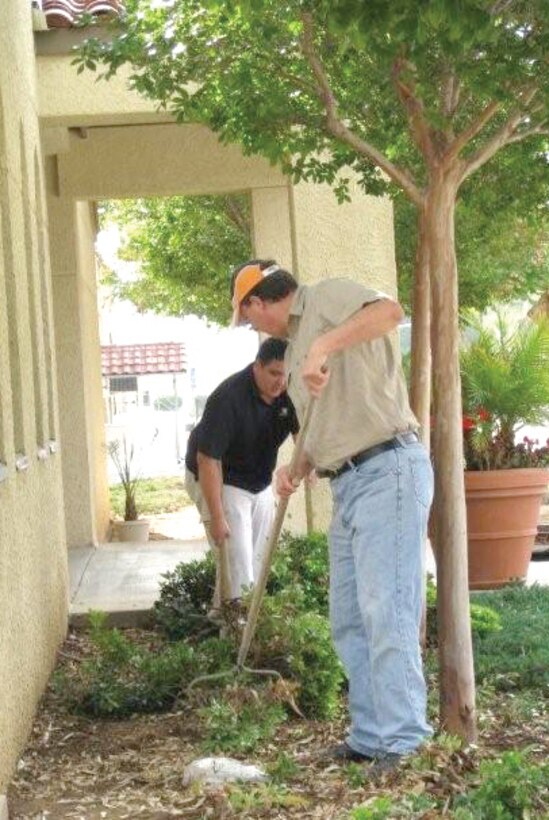 The Monday through Friday civil engineering staff spending the morning clearing
plants from the exterior of the building. (U.S. Air Force photo by Capt. Anna Ruiz)