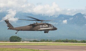 SOTO CANO AIR BASE, Honduras — One of the 1st Battalion, 228th Aviation Regiment’s UH-60 Blackhawks takes off here today en route to Nicaragua. The Blackhawk crew, along with two other helicopters assigned to Joint Task Force-Bravo, will support the hospital ship USNS Comfort’s humanitarian and civic assistance mission in Nicaragua. (U.S. Air Force photo by Staff Sgt. Chad Thompson) 