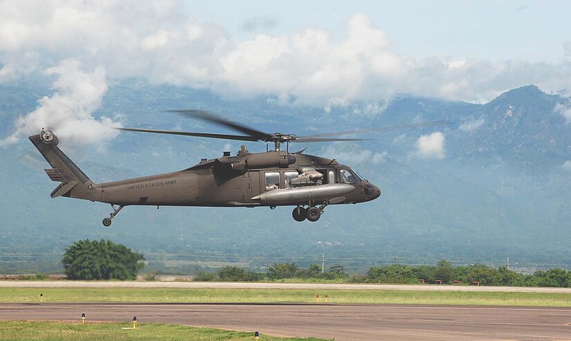 SOTO CANO AIR BASE, Honduras — One of the 1st Battalion, 228th Aviation Regiment’s UH-60 Blackhawks takes off here today en route to Nicaragua. The Blackhawk crew, along with two other helicopters assigned to Joint Task Force-Bravo, will support the hospital ship USNS Comfort’s humanitarian and civic assistance mission in Nicaragua. (U.S. Air Force photo by Staff Sgt. Chad Thompson) 