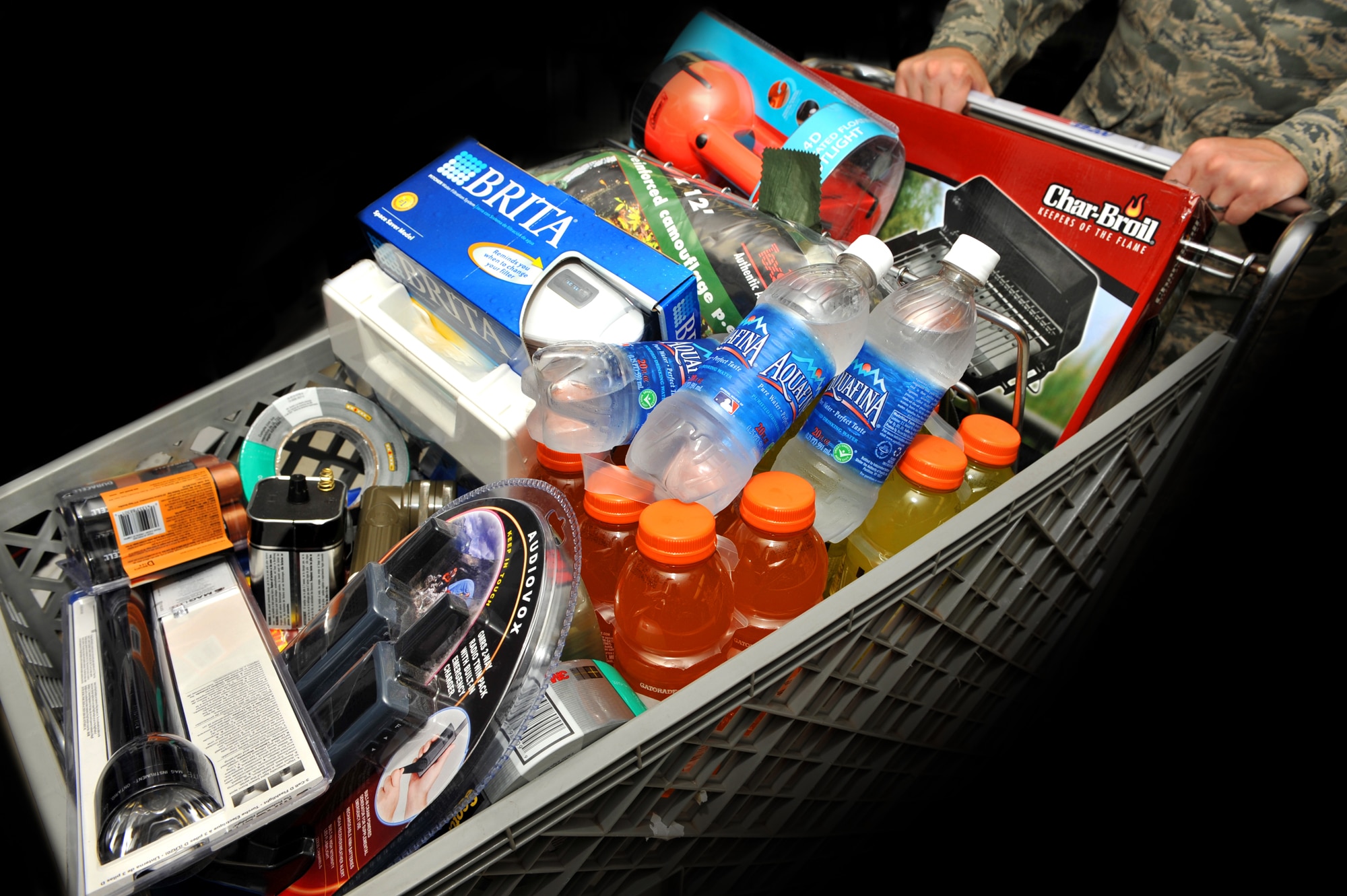 SHAW AIR FORCE BASE, S.C.--  Hurricane kits may contain: water, flashlights, batteries, radios, stable foods, first aid kits, small grills, duct tape, water filters, and any other survival necessities. (U.S. Air Force Graphic/Tech. Sgt. Josef Cole)