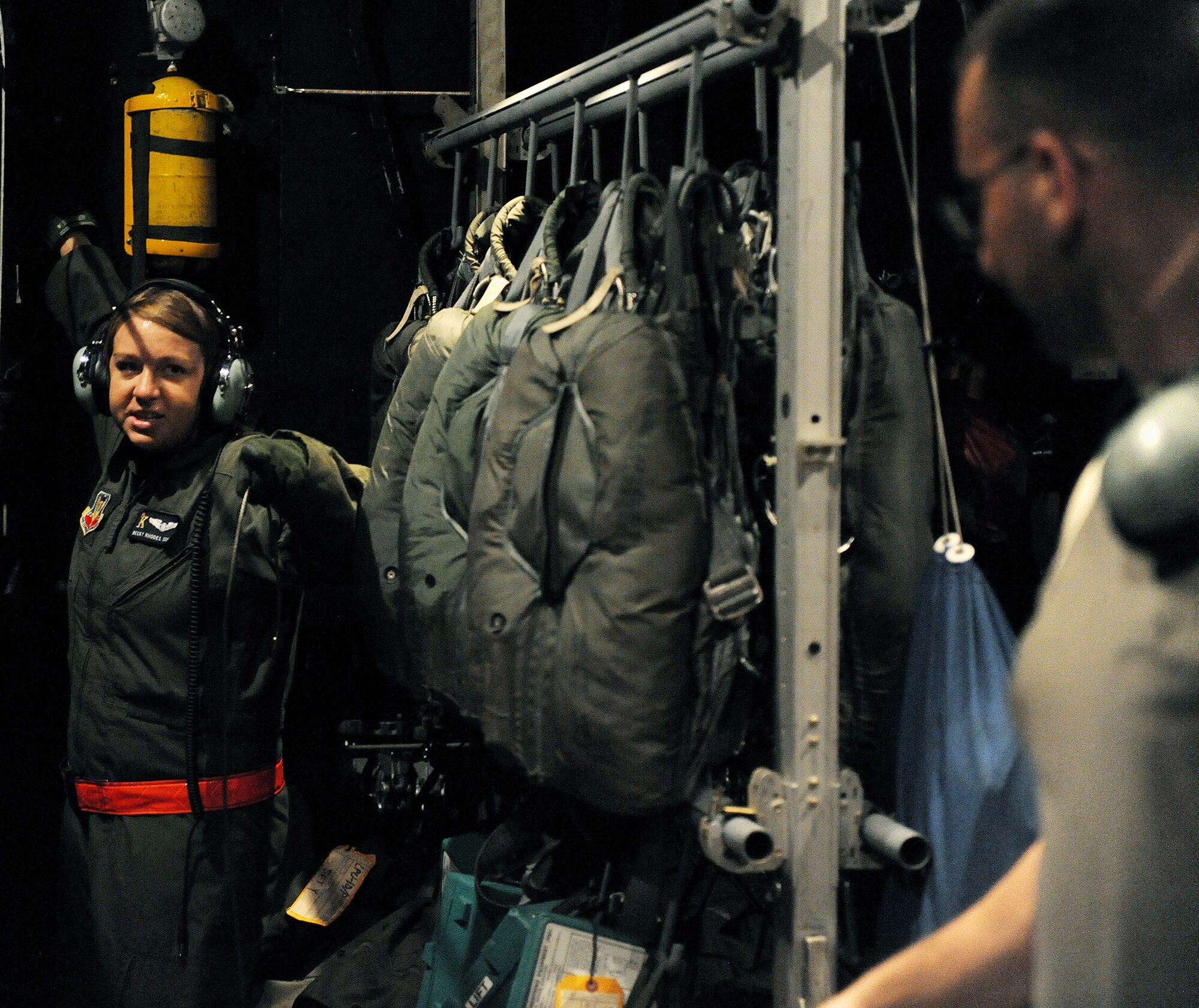 MOODY AIR FORCE BASE, Ga. -- Staff Sgt. Rebecca Rhodes, 71st Rescue Squadron
loadmaster, acknowledges an area that she has prepared during a preflight inspection on a HC-130P Combat King here July 1. Sergeant Rhodes performed the task in support of the Airmen heading to Talisman Saber, a multinational exercise held in Australia. (U.S. Air Force photo by Airman 1st Class Joshua Green)
