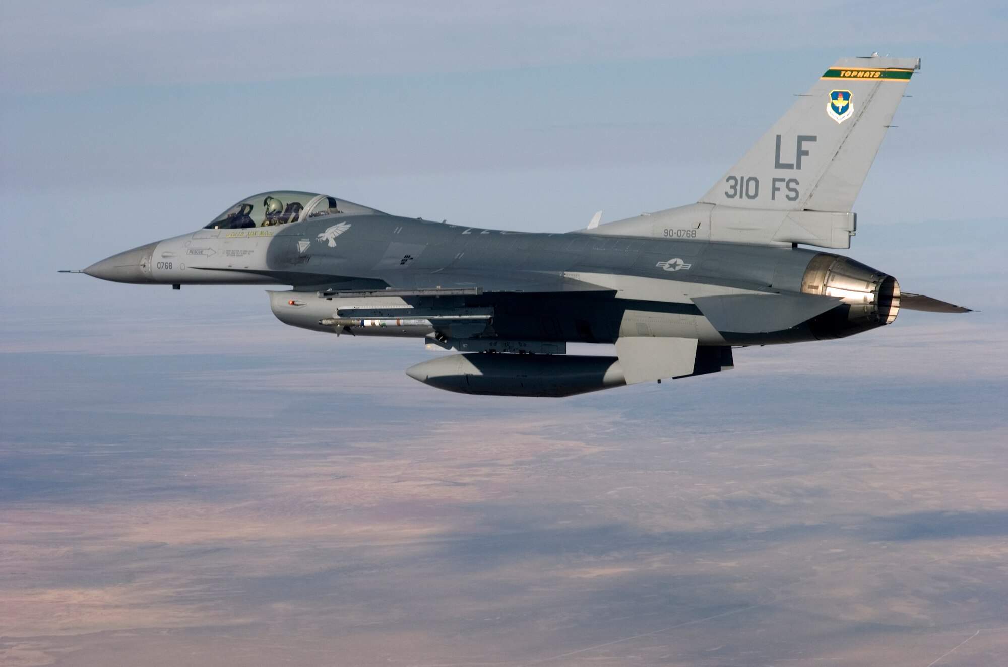 A Luke Air Force Base F-16 Fighting Falcon from the 310th Fighter Squadron flies over the White Sands Missle Range in New Mexico during a QF-4 drone shootout exercise June 8-18. (U.S. Air Force photo by Tech. Sgt. Jason Wilkerson)