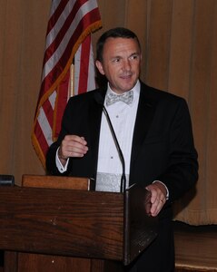 Retired Brig. Gen. Scott Wuesthoff, who served as 99th Flying Training Squadron commander here from May 1995 to July 1996, addresses past and present squadron members during the unit's first Heritage Dining Out June 27 at the Parr O'Club. General Wuesthoff delivered the keynote speech. (U.S. Air Force photo by Steve White)