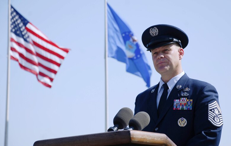 Chief Master Sgt. of the Air Force James A. Roy gives a speech during the retirement ceremony for Chief Master Sgt. of the Air Force Rodney J. McKinley June 30 at Bolling Air Force Base, D.C. With Chief McKinley's retirement, Chief Roy is appointed the 16th chief master sergeant of the Air Force. (U.S. Air Force photo/Master Sgt. Stan Parker) 