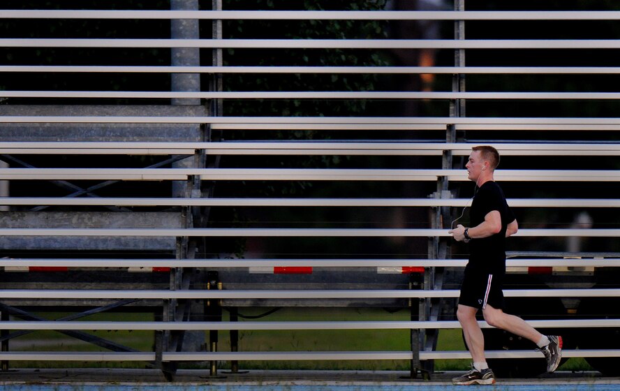 MOODY AIR FORCE BASE, Ga. -- A Moody Airman finishes his final lap around the track here June 25. Airmen should remember to always hydrate and stretch after every workout. (U.S. Air Force photo by Senior Airman Gina Chiaverotti)