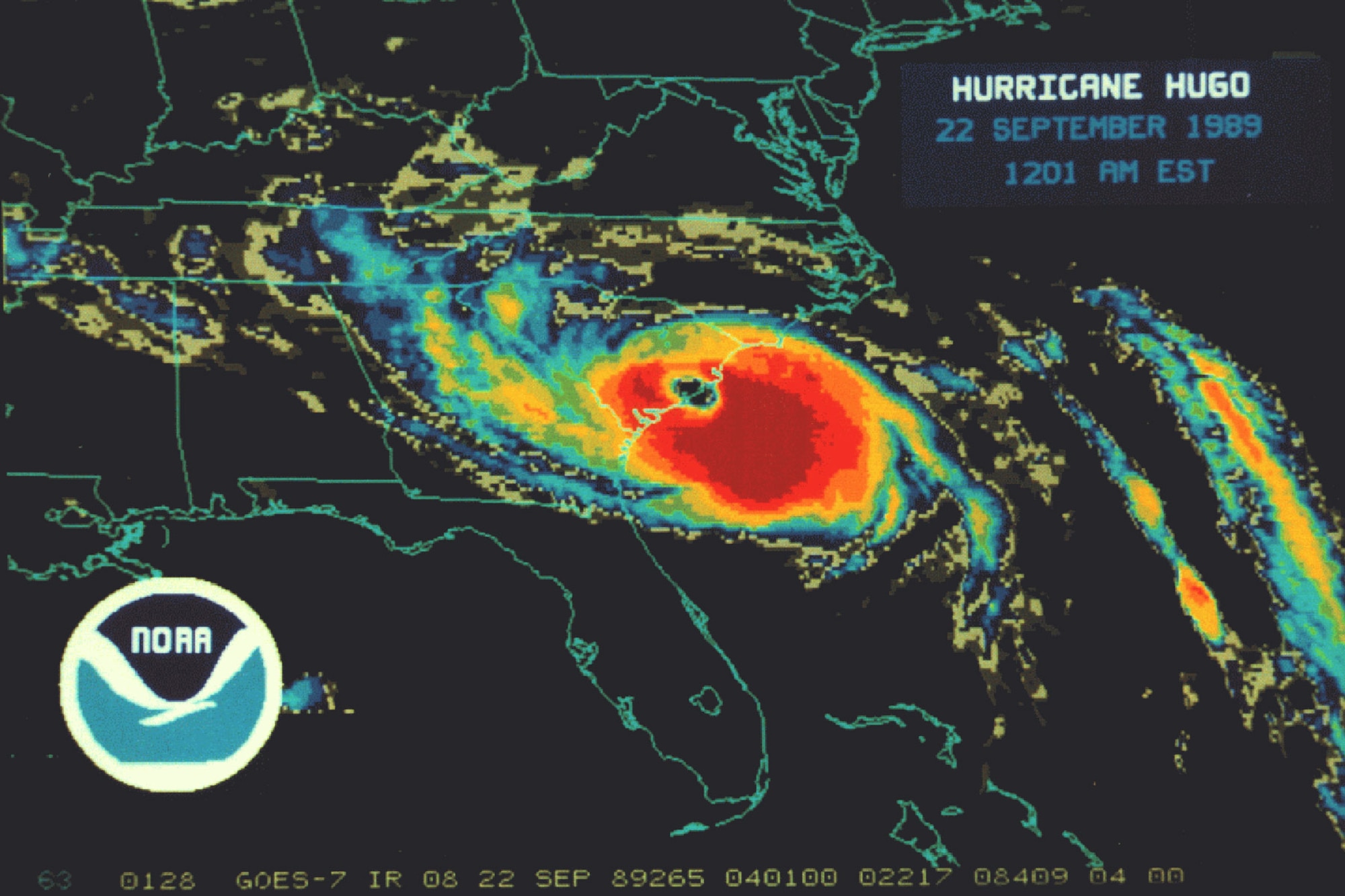 SHAW AIR FORCE BASE, S.C. -- Shown is an infrared image of Hurricane Hugo making landfall in South Carolina at midnight, the morning of Sept. 22, 1989. No deaths or serious injuries were reported as a result of the storm. Damage estimates to Shaw totaled to almost $47 million dollars. (Courtesy of The National Hurricane Center)