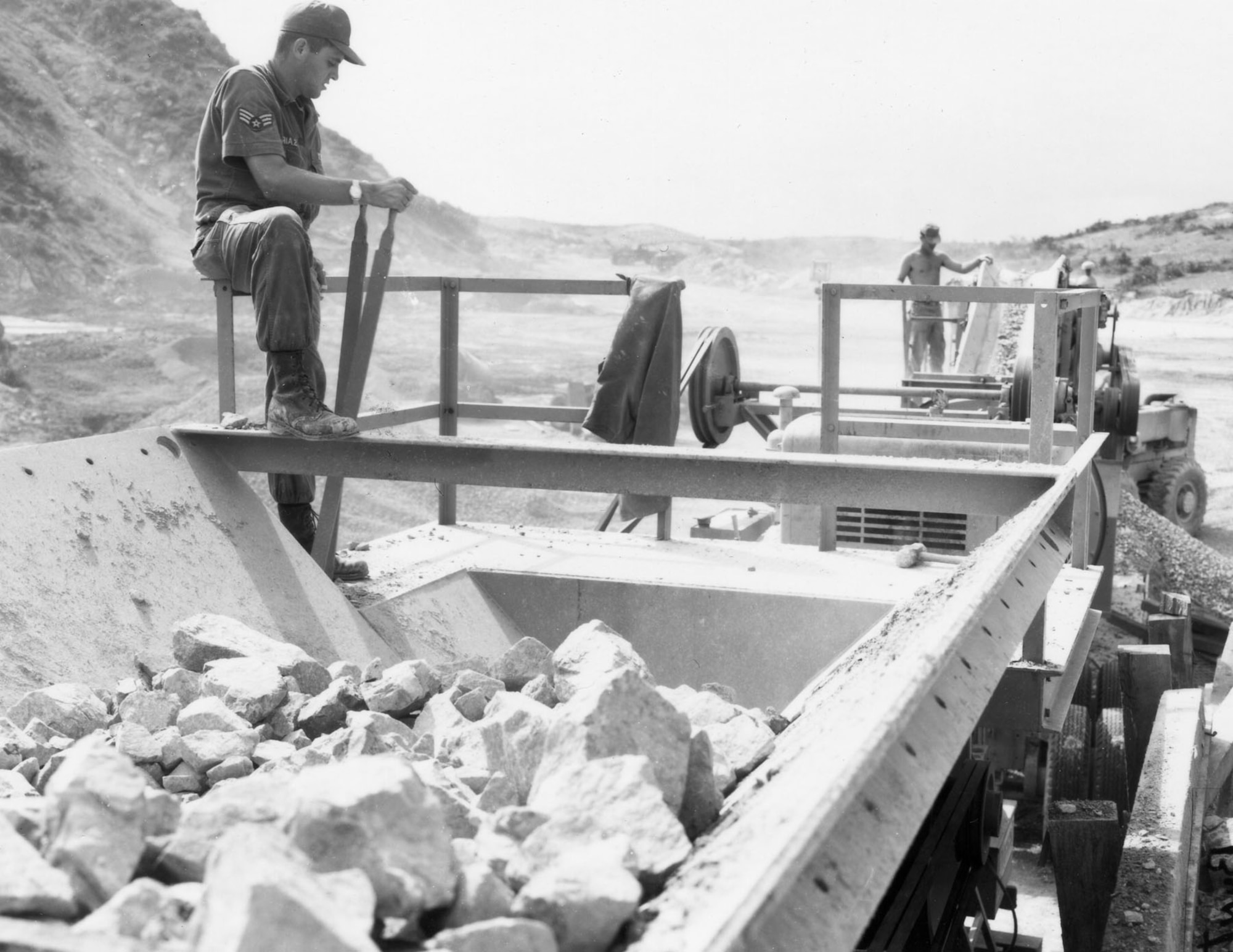 RED HORSE crews operating quarry equipment at Tuy Hoa AB, South Vietnam, in 1966. (U.S. Air Force photo)