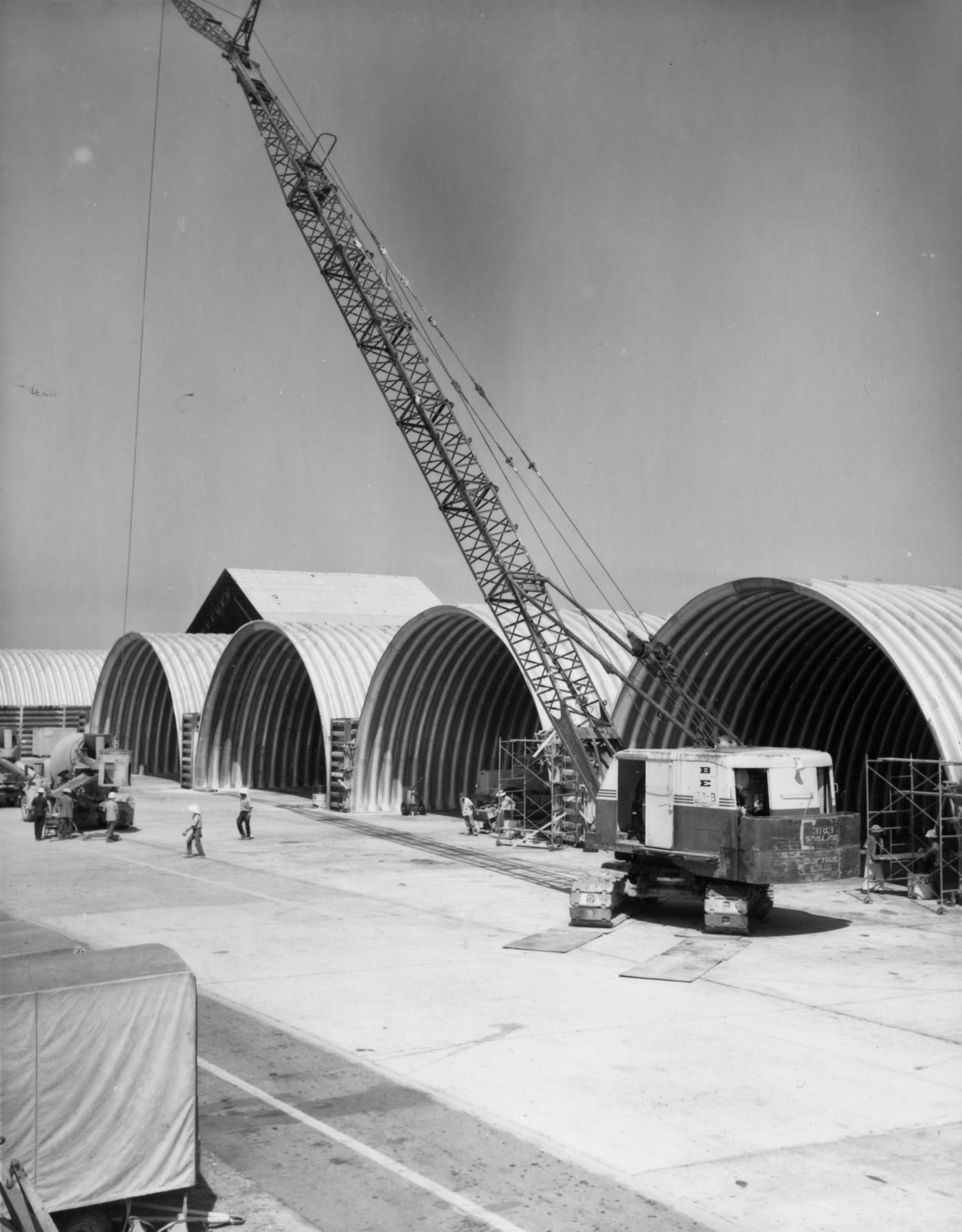 RED HORSE workers of the 820th Civil Engineering Squadron completing aircraft shelters at Da Nang AB, South Vietnam, in January 1969. These shelters housed USAF F-4 Phantoms of the 366th Tactical Fighter Wing. Eventually, RED HORSE engineers built nearly 400 aircraft shelters in Vietnam, most were covered by concrete for added protection. (U.S. Air Force photo)