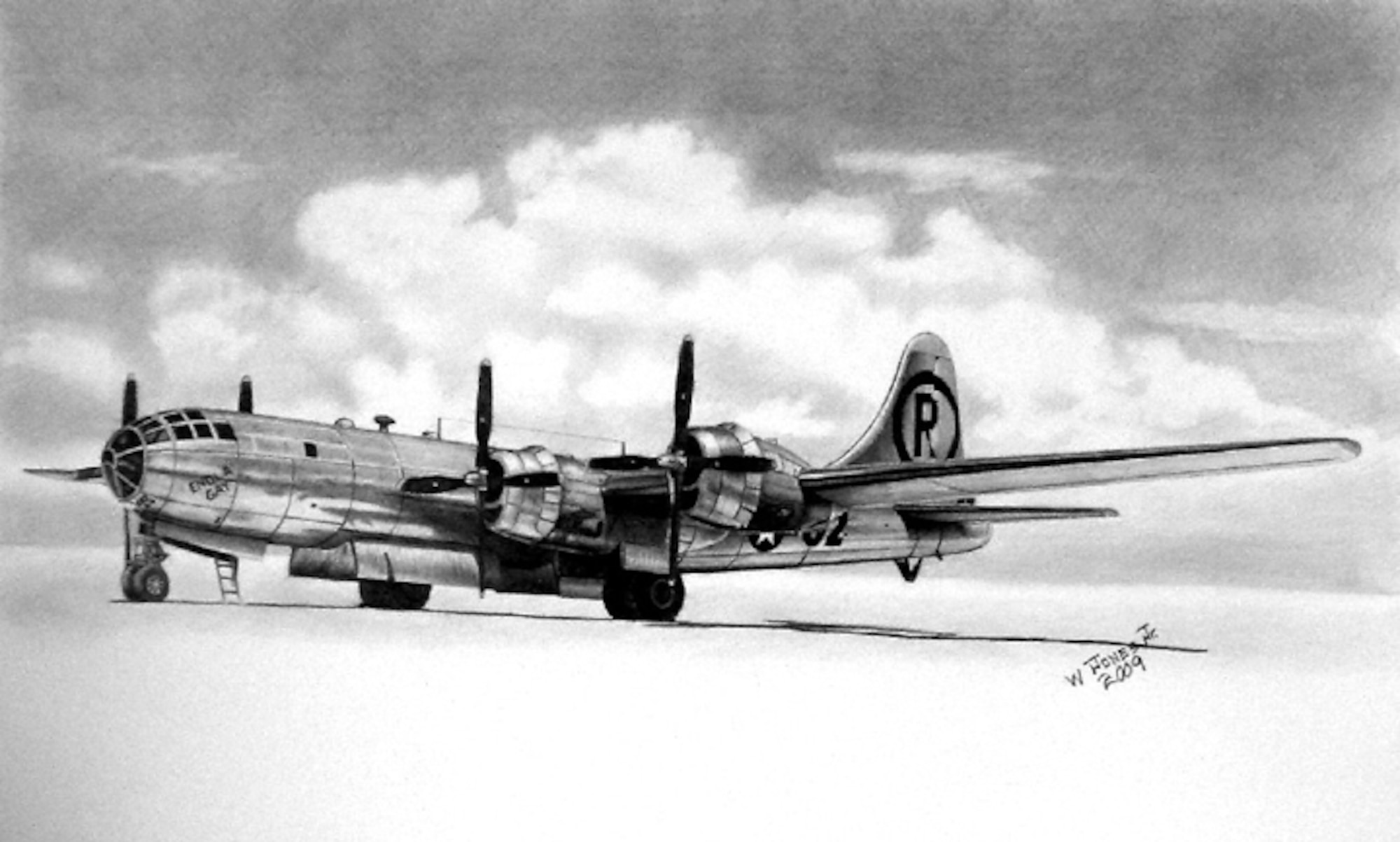 B-29 Super Fortress "Enola Gay"  Art by Willie Jones. This image is copyrighted and is the property of Willie Jones Jr. and is available only to members of the Armed Forces and Military organizations.  B-29 was the US Army Air Forces very heavy bomber during World War II.  The B-29 "Enola Gay" dropped the first atomic bomb during World War II on Japan.  The B-29 could carry 20,000 pounds of bombs over 3000 miles.  