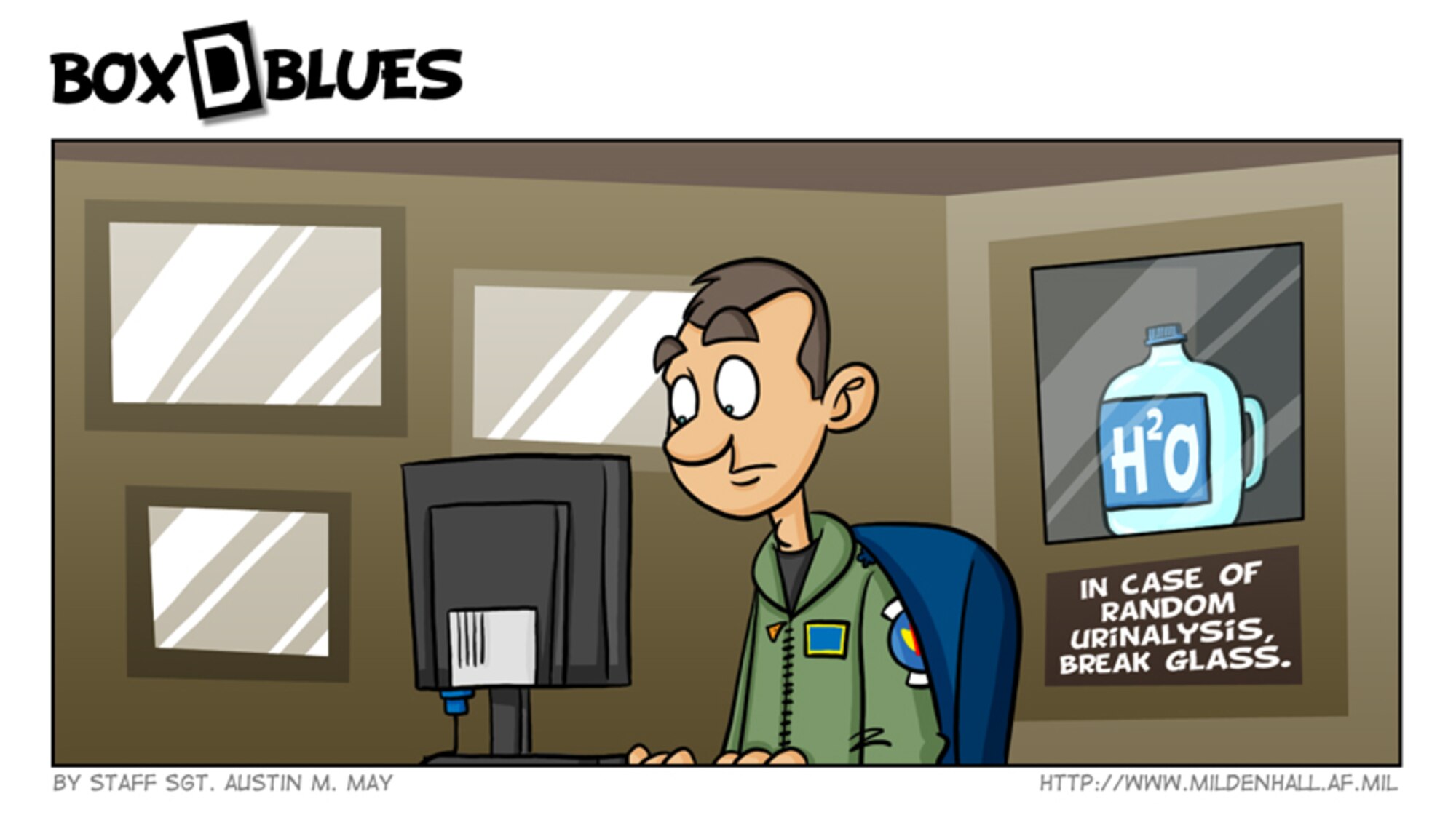 The primary purpose of the Air Force urinalysis program is to assist commanders in ensuring their troops are mission ready by deterring Air Force members from using illegal drugs and other illicit substances.  (U.S. Air Force comic by Staff Sgt. Austin M. May)