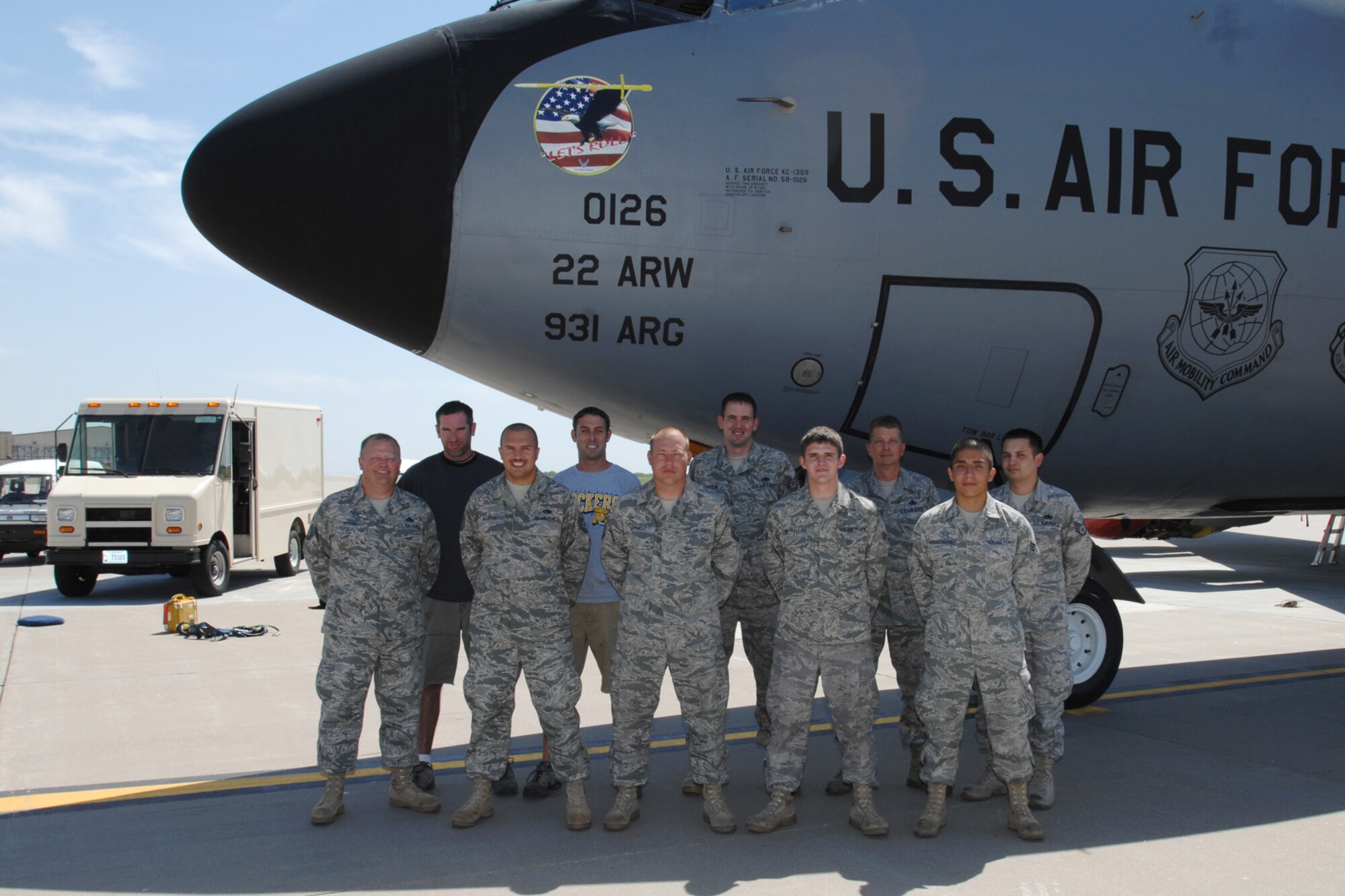 MCCONNELL AIR FORCE BASE, Kan. -- Members from the 2009 Rodeo Maintenance team. Front row: Master Sgt. Al Ryder, Tech. Sgt. Billy Martin, Tech. Sgt. Nathan Darnell, Senior Airman Aaron McClellan, Senior Airman Gilberto Rodriquez-Martinez. Back row: Staff Sgt. Seth Cullum, Tech. Sgt. Adam Keeter, Tech. Sgt Erik Louviere, Master Sgt. Darren Harris, Staff Sgt. Chris Sojot. (Photo by Staff Sgt. Jamie Train)