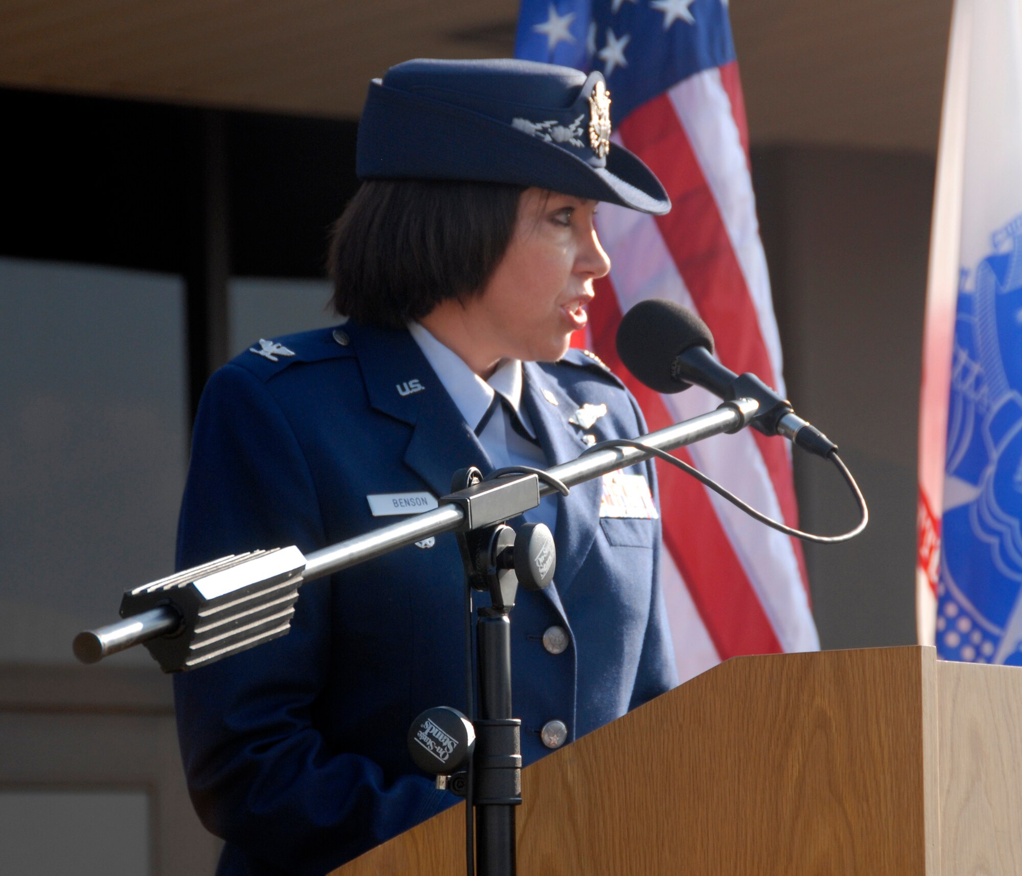 Col. Lista Benson, the new commander of the 882nd Training Group, addresses the audience June 30 after accepting command of the Air Force's enlisted medical training organization. The colonel replaced Col. Nancy Dezell. (U.S. Air Force photo/Mike Litteken)
