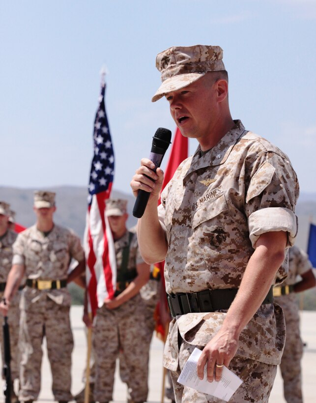 Lt. Col Christopher D. Patton, commanding officer, Marine Light Attack Helicopter Squadron 469 addresses the audience during the activation ceremony of HMLA 469 at Marine Corps Air Station Camp Pendleton, July 1. The squadron was activated to coincide with Commandant of the Marine Corps' "Grow the Force" initiative. The squadron will be fully operational this time next year.::r::::n::