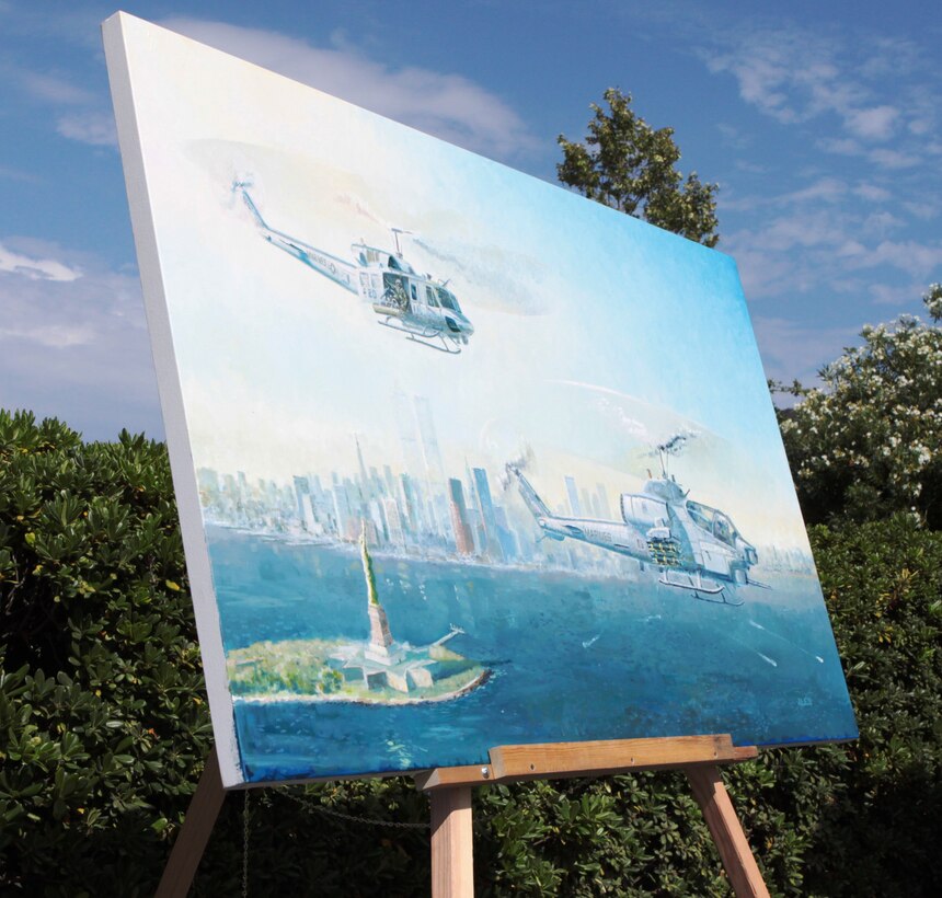 Displayed during the activation ceremony of Marine Light Attack Helicopter Squadron 469 was a painting unveiled by combat artist Lt. Col. Alex J. Durr at the Ranch House, July 1. The painting commemorates those who lost their lives in the World Trade Center on September 11, 2001 ::r::::n::