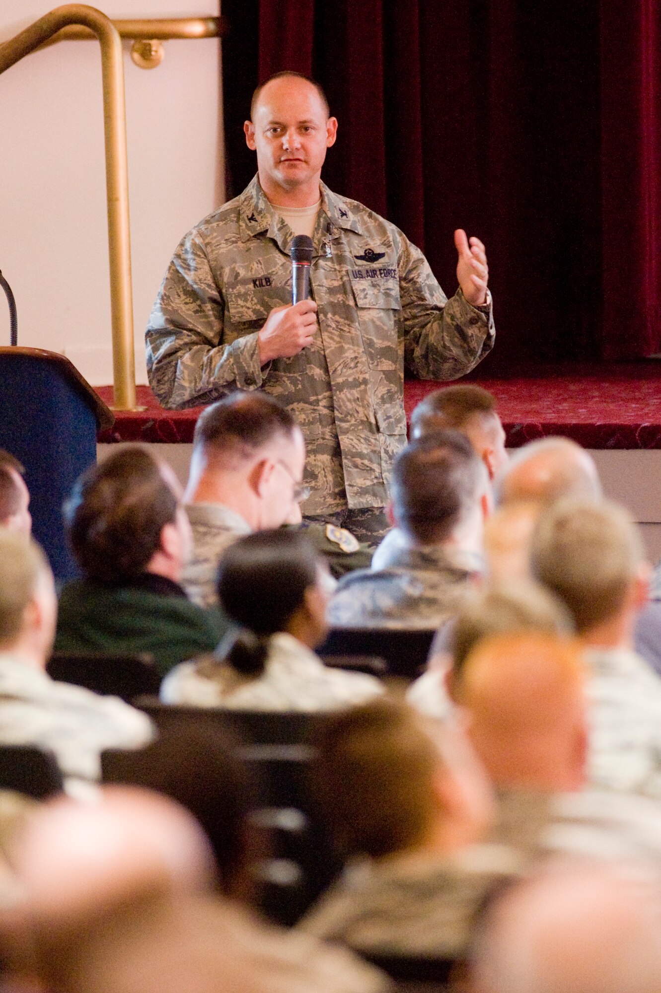 Col. Kevin Kilb, 62nd Airlift Wing commander, addresses Team McChord members during a wing all call July 1.