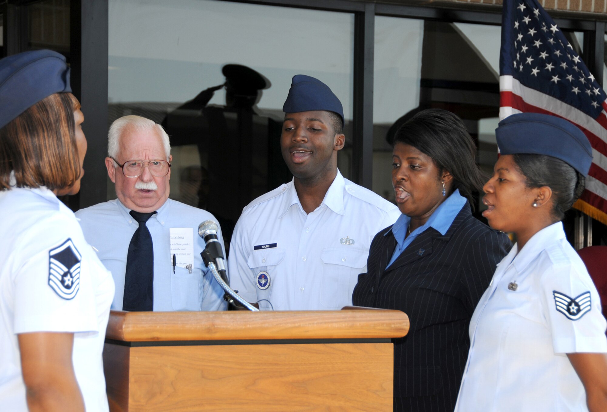 From left, Sergeant Skinner, Mr. Clark, Sergeant Young, Mrs. Gilliard and
Sergeant Zimmerman perform at the 81st TRW assumption of command May 26.
Sergeant Dahl, Mr. Higgins and Mr. Moore also performed, but aren’t visible
in this picture.  (U.S. Air Force photo by Kemberly Groue)