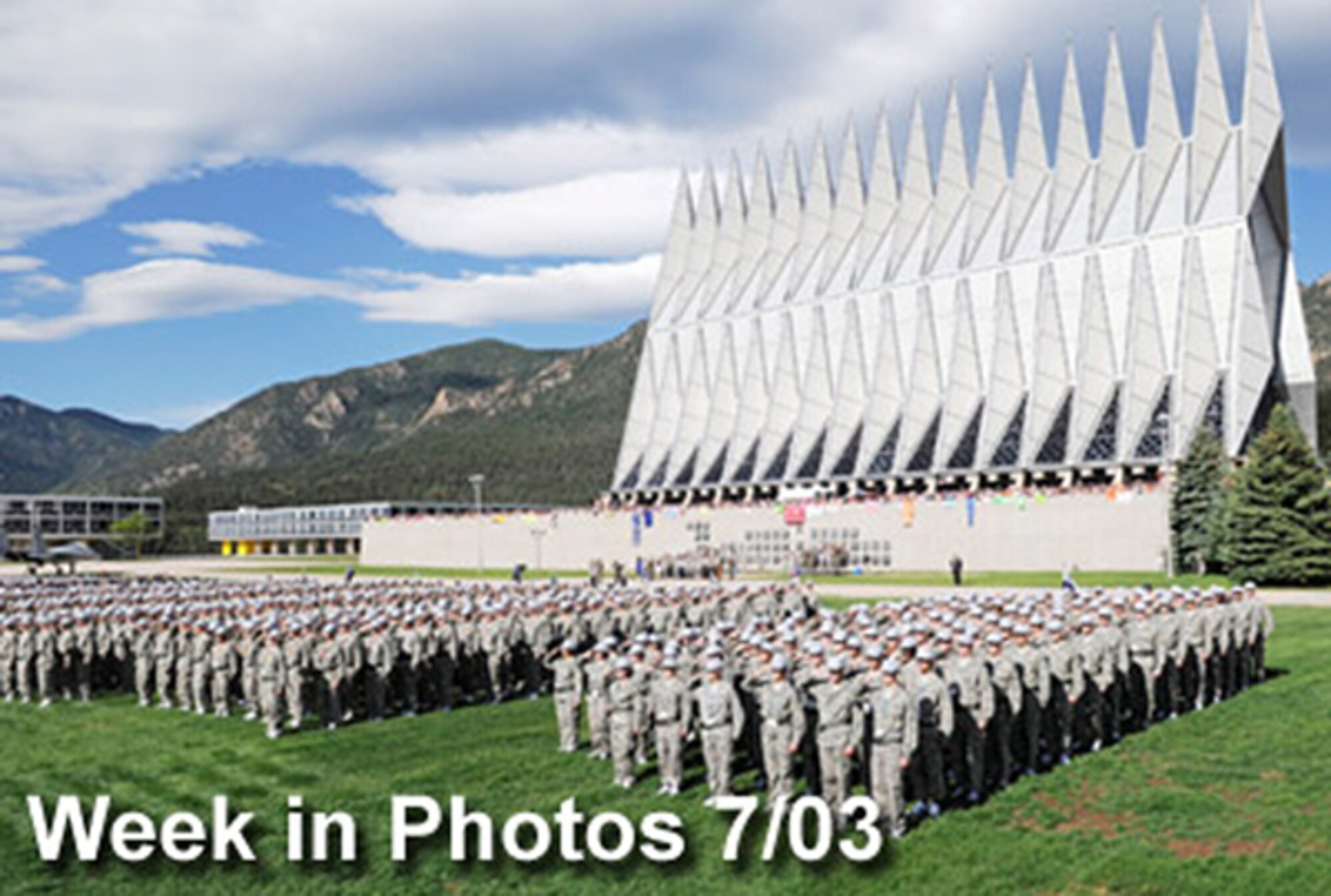 Air Force Week in Photos for July 3 highlights photos from around the Air Force. In this photo by Mike Kaplan, more than 1,300 basic cadets salute during their first reveille formation June 26  at the U.S. Air Force Academy in Colorado Springs, Colo.  (U.S. Air Force illustration)